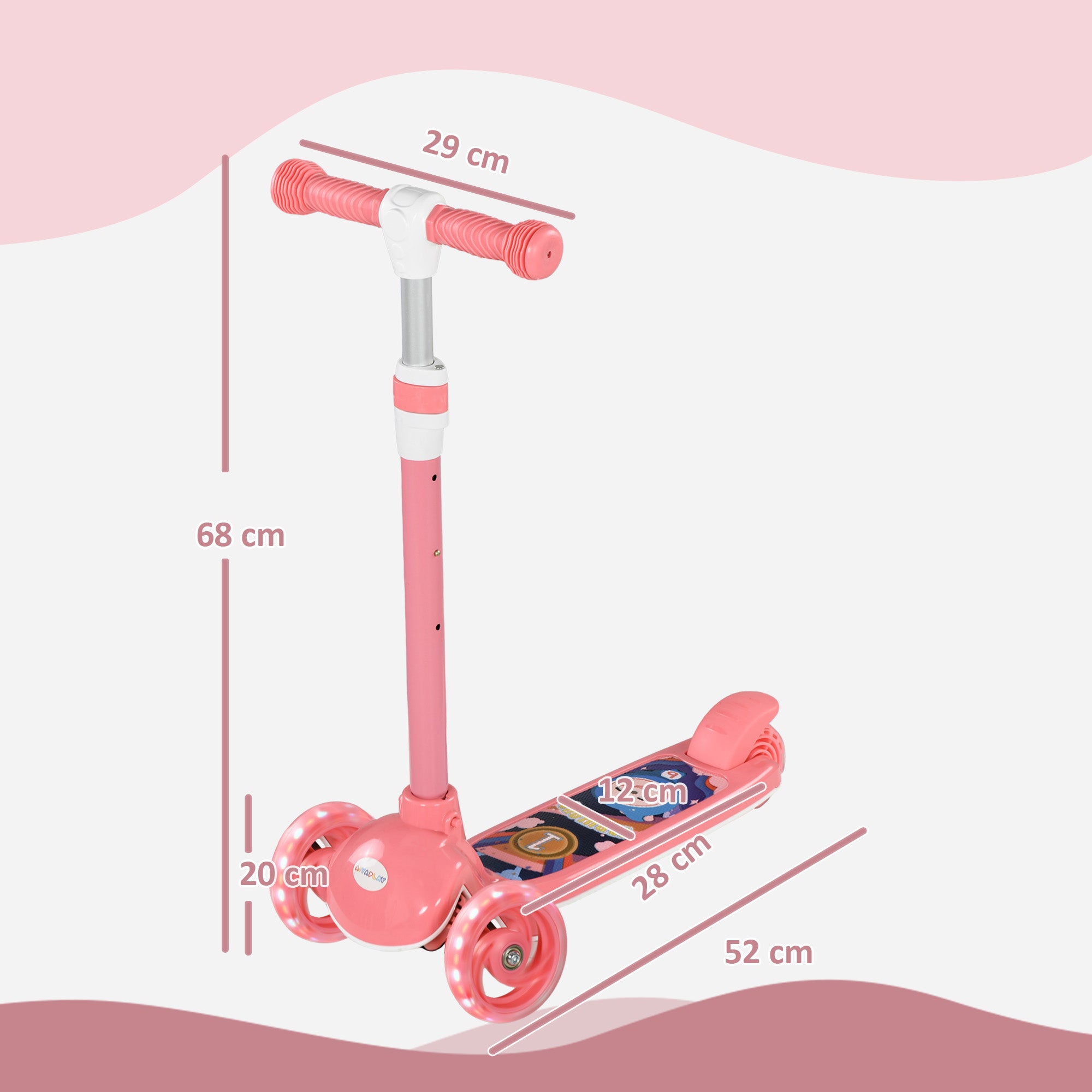 AIYAPLAY Kids 3 Wheel Scooter for 2-6 Years Old w/ Adjustable Height, LED Light, TPE Handlebar, Pink - anydaydirect