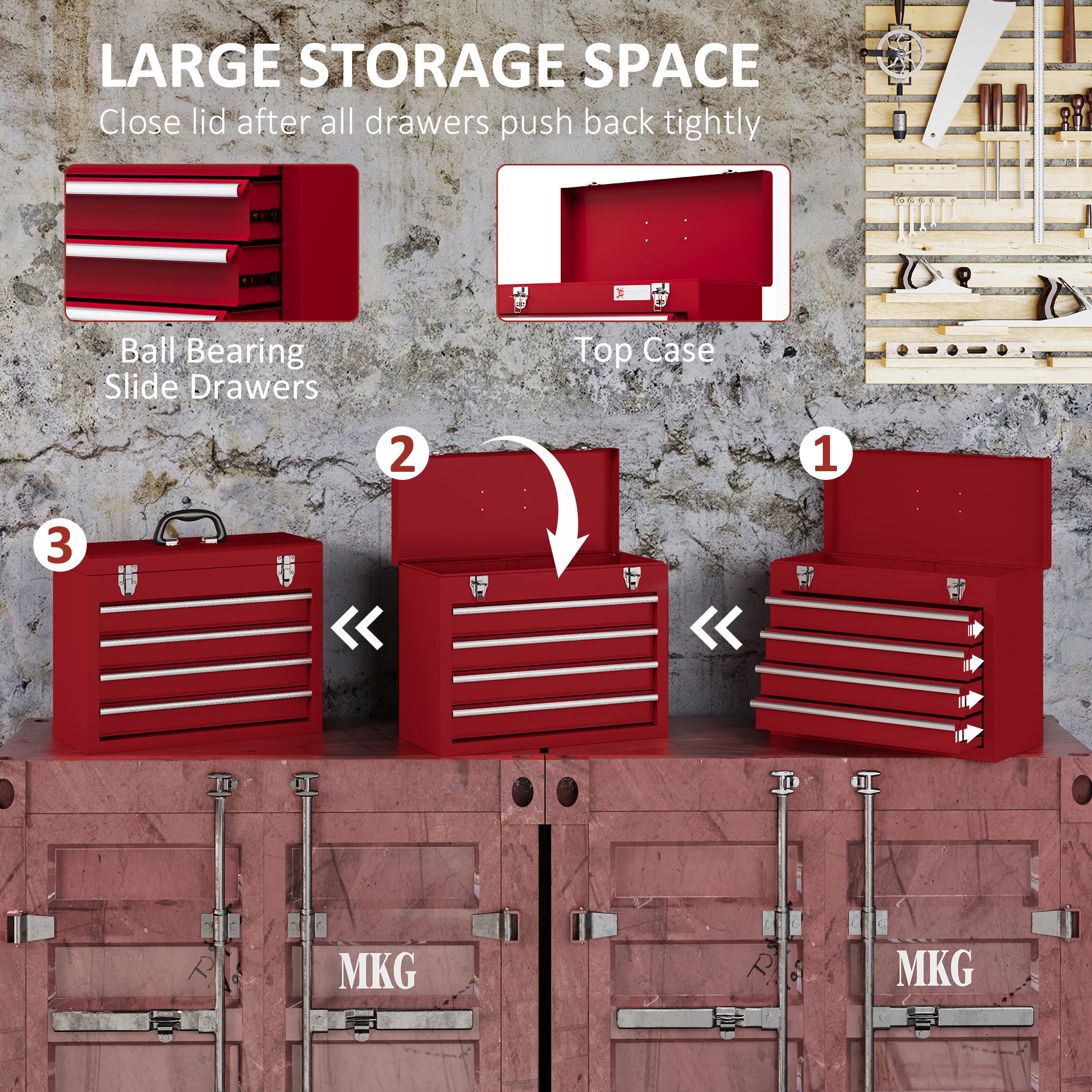 DURHAND Lockable Metal Tool Box, 4 Drawer Tool Chest with Latches, Handle, Ball Bearing Runners, Red - anydaydirect