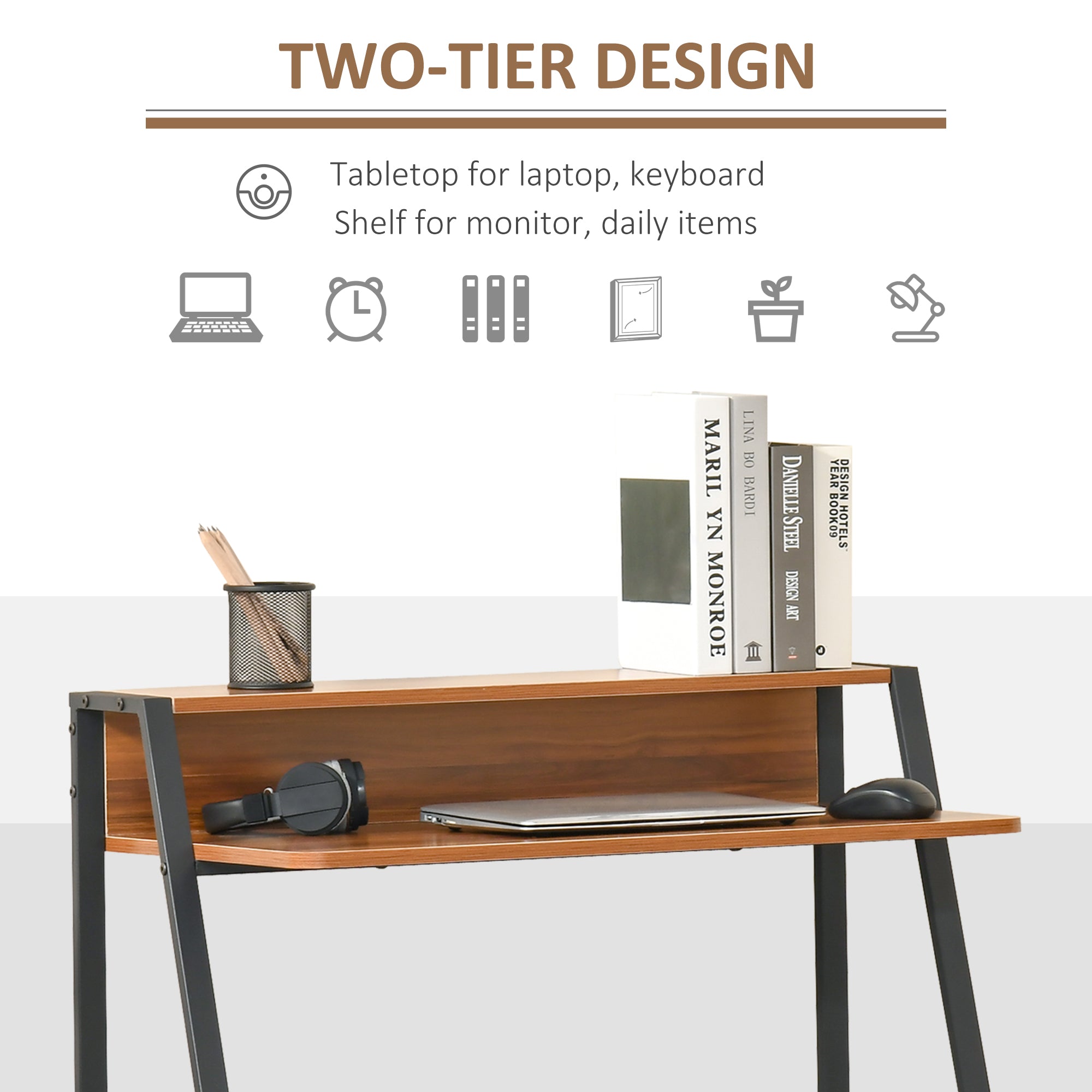HOMCOM Writing Desk Computer Table Home Office PC Laptop Workstation Storage Shelf 84L x 45W cm Walnut - anydaydirect