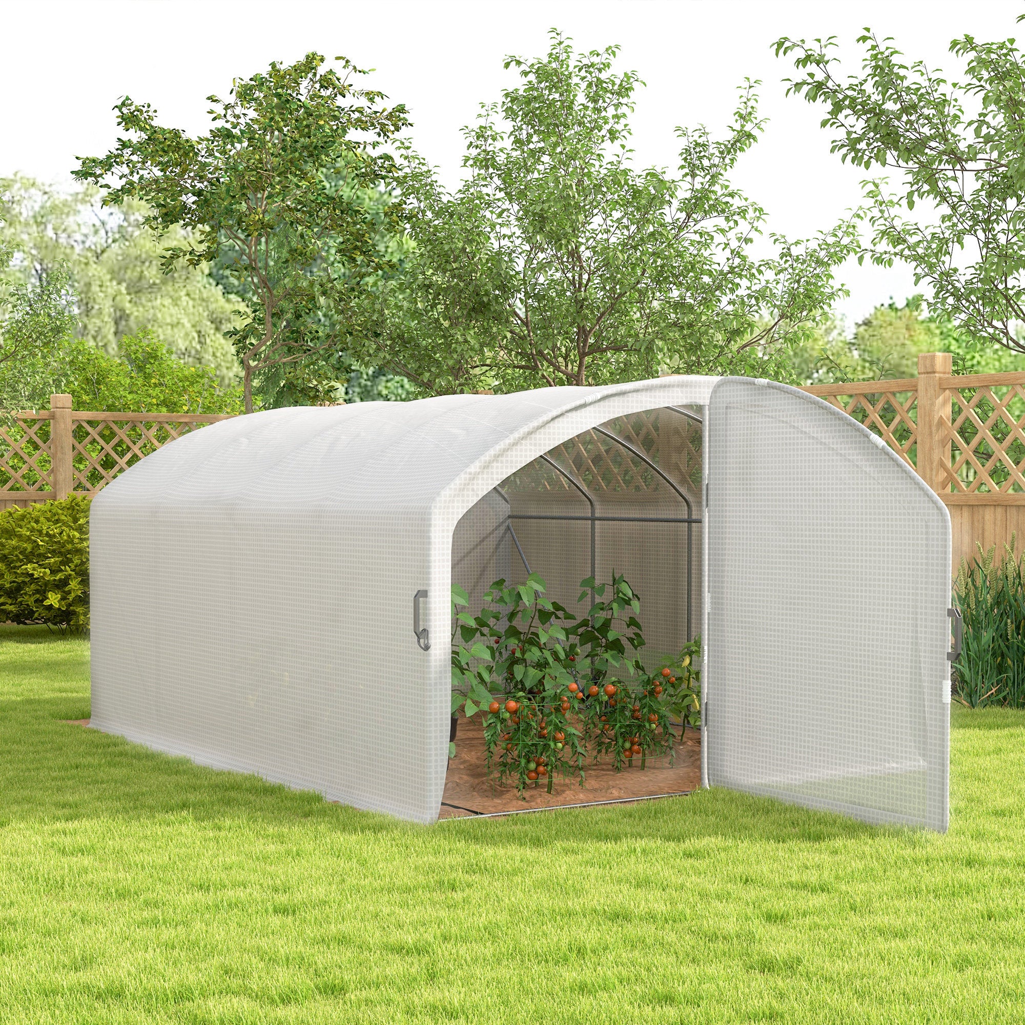 Outsunny Polytunnel Greenhouse Walk-in Grow House with UV-resistant PE Cover, Door, Galvanised Steel Frame, 4 x 3 x 2m, White - anydaydirect