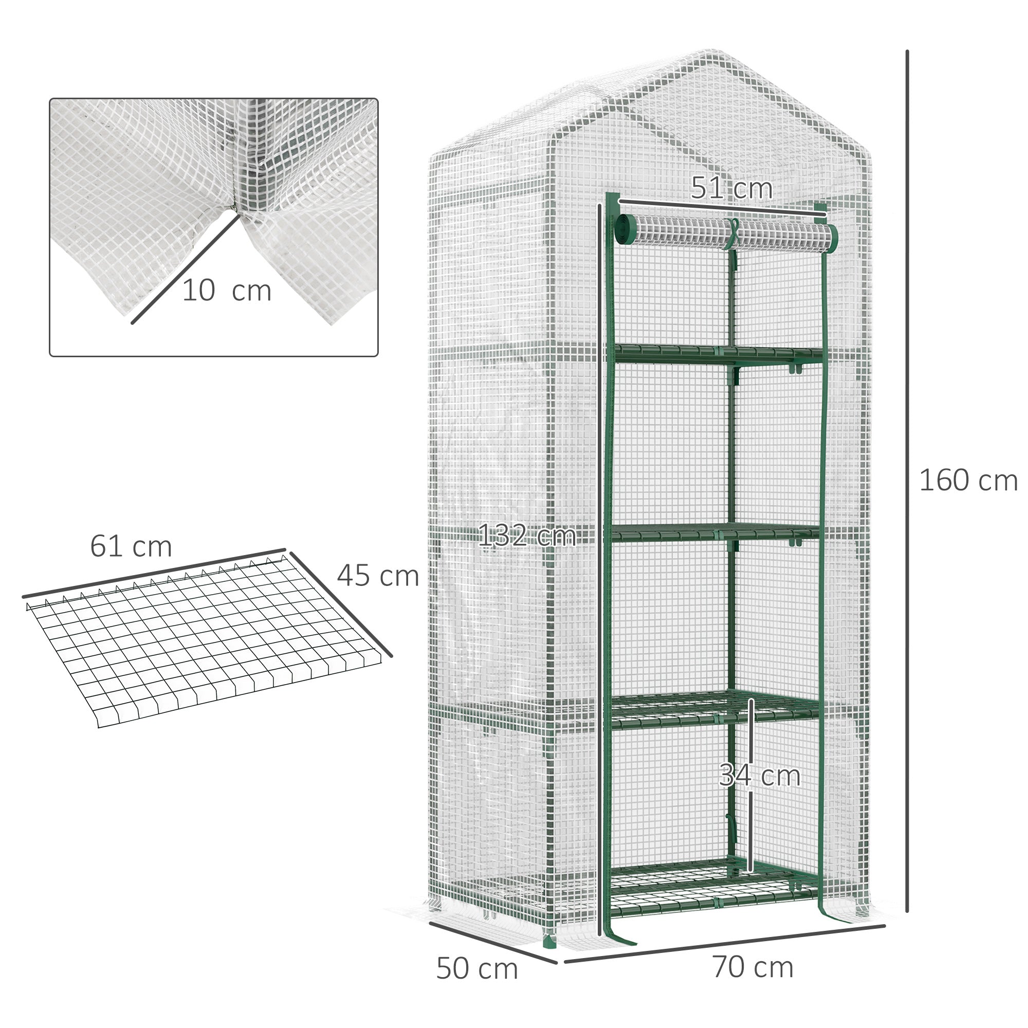 Outsunny 4 Tier Mini Greenhouse, Portable Compact Green House with Steel Frame, PE Cover, Roll-up Door, 70 x 50 x 160 cm, White - anydaydirect