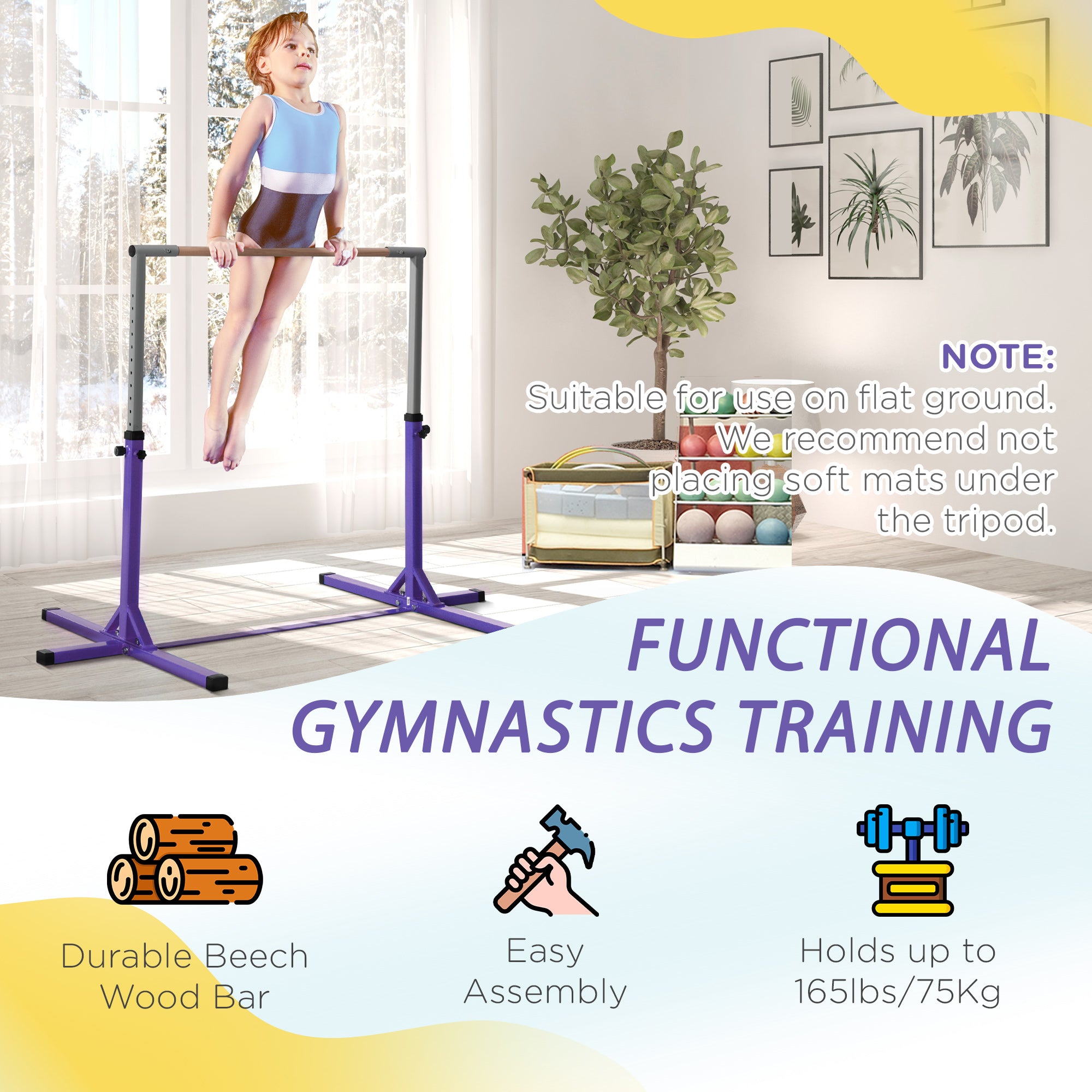 HOMCOM Steel Frame Adjustable Horizonal Gymnastics Bar For Kids Home Gym Training Purple - anydaydirect