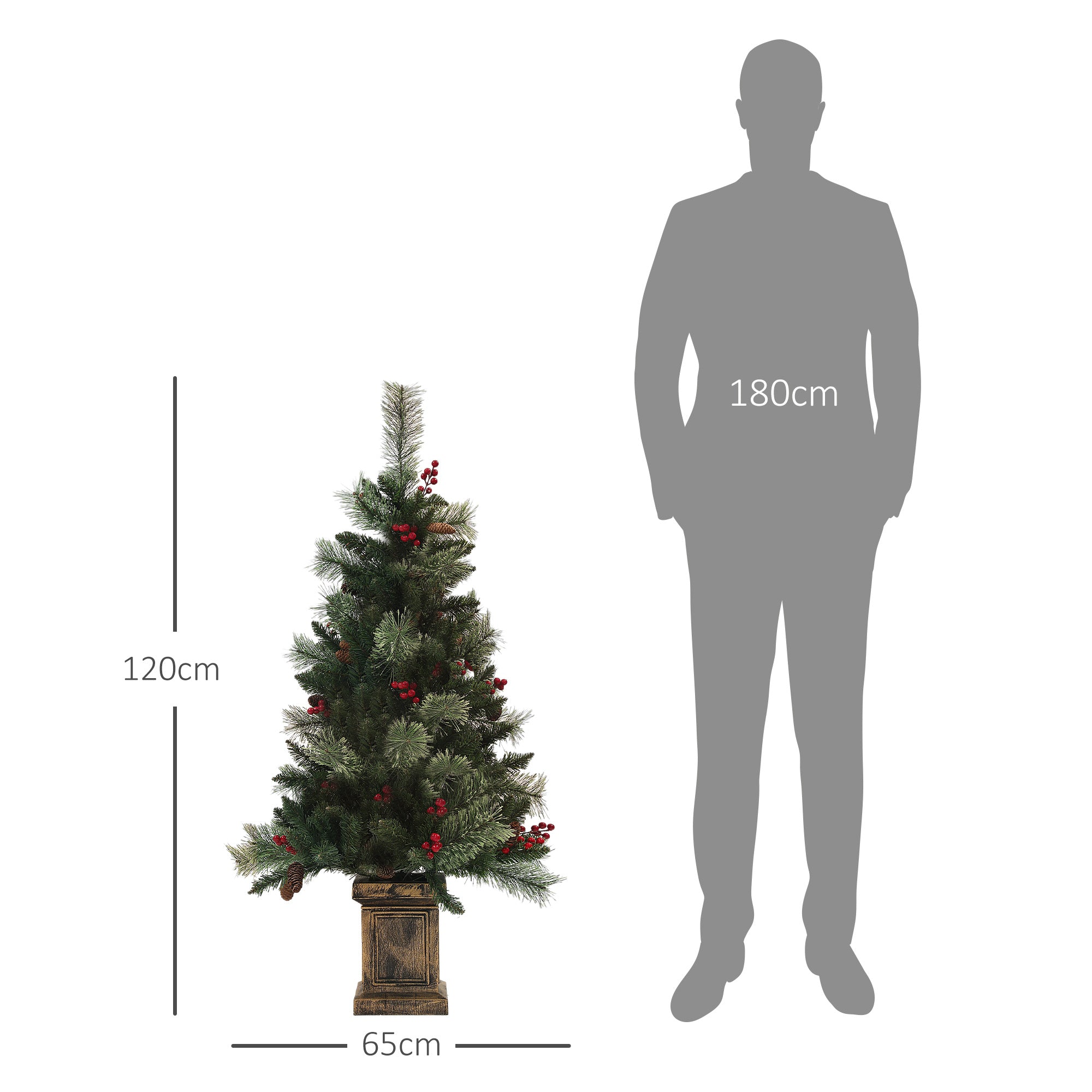HOMCOM 1.2m/4ft Artificial Christmas Tree with 100 Warm White LED Lights and 8 Modes, Small Xmas Tree with Red Berries, Pine Cones and Retro Base, Green - anydaydirect