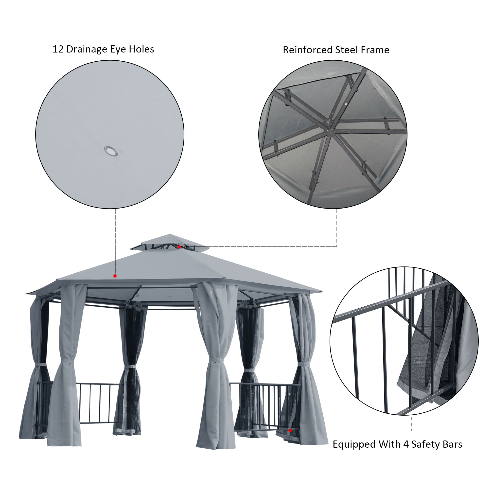 Outsunny 3 x 3(m) Hexagon Gazebo Patio Canopy Party Tent Outdoor Garden Shelter w/ 2 Tier Roof & Side Panel - Grey - anydaydirect