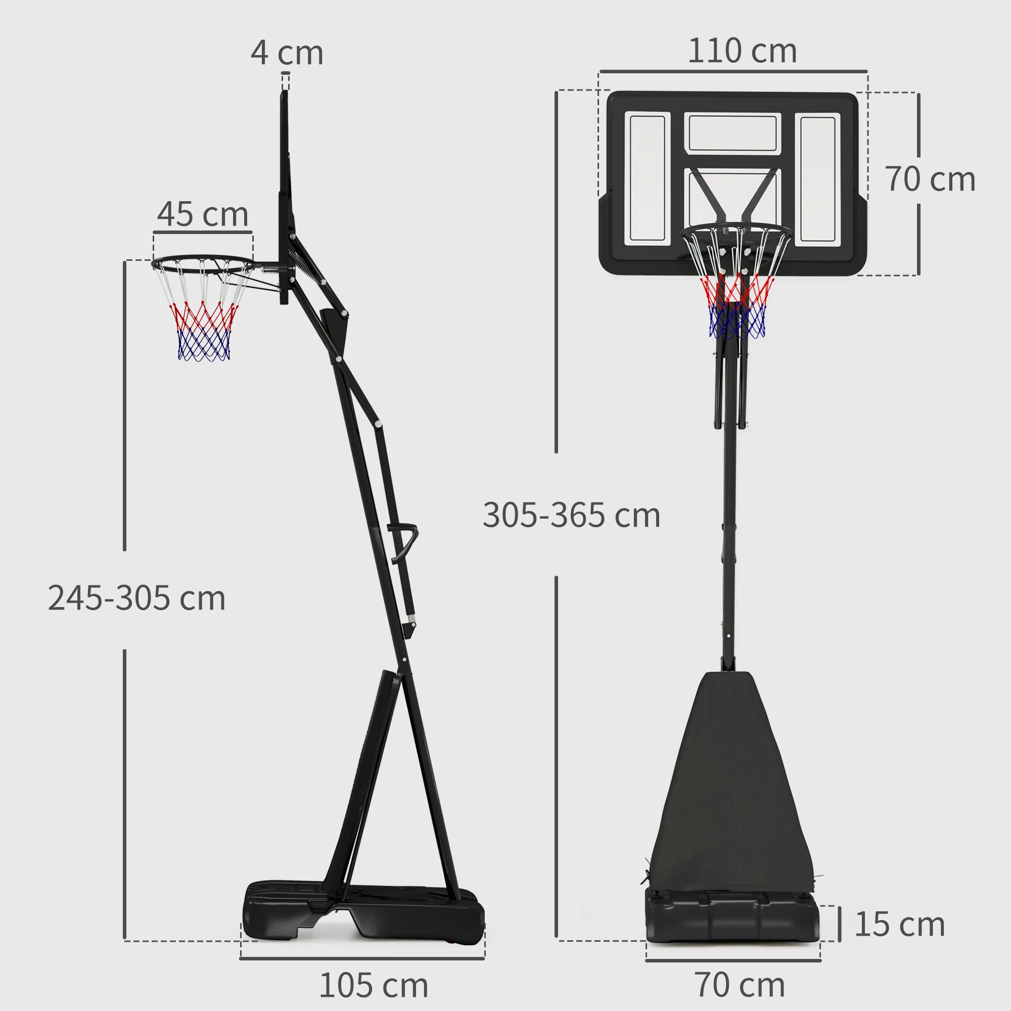 SPORTNOW 245-305cm Adjustable Basketball Hoop and Stand, with Wheels, Black - anydaydirect
