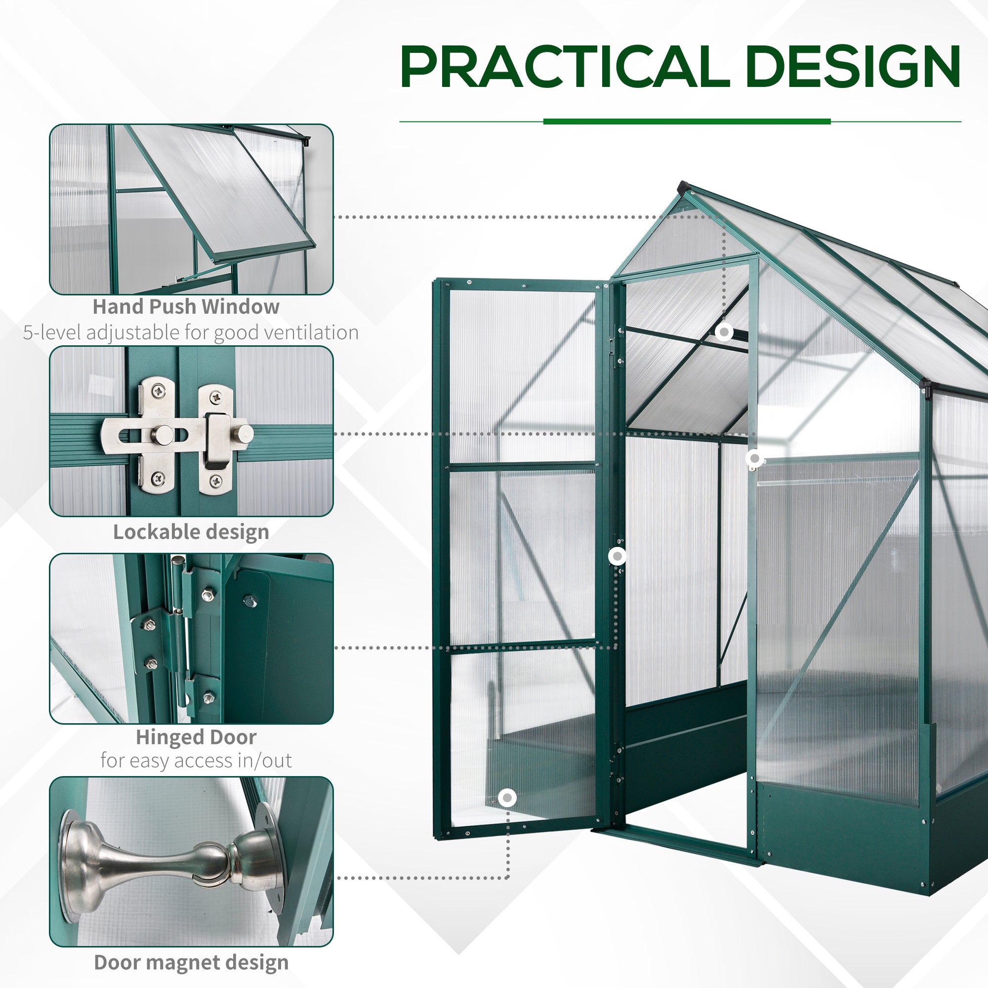 Outsunny Garden Walk-in Aluminium Greenhouse Polycarbonate with Plant Bed, Temperature Controlled Window, Foundation, 6 x 6ft - anydaydirect
