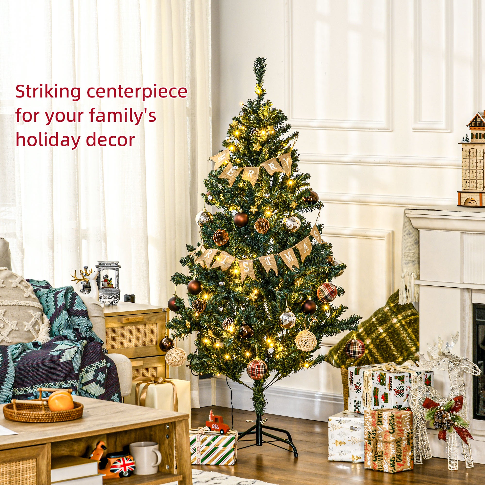 HOMCOM 5' Artificial Prelit Christmas Trees Holiday Décor with Warm White LED Lights, Decoration, Banner, Tag, Ball - anydaydirect