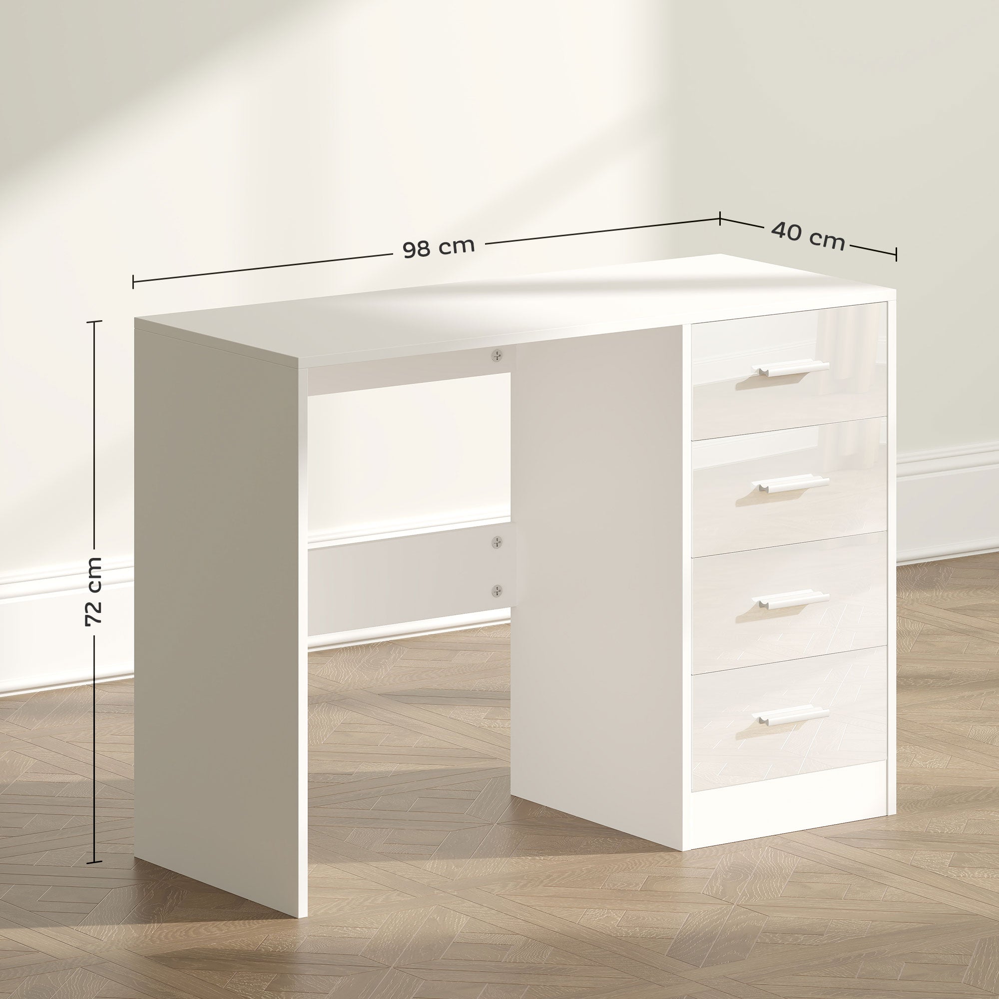 HOMCOM Computer Desk with Drawers, Dressing Table, High Gloss Home Office Writing Workstation, White - anydaydirect