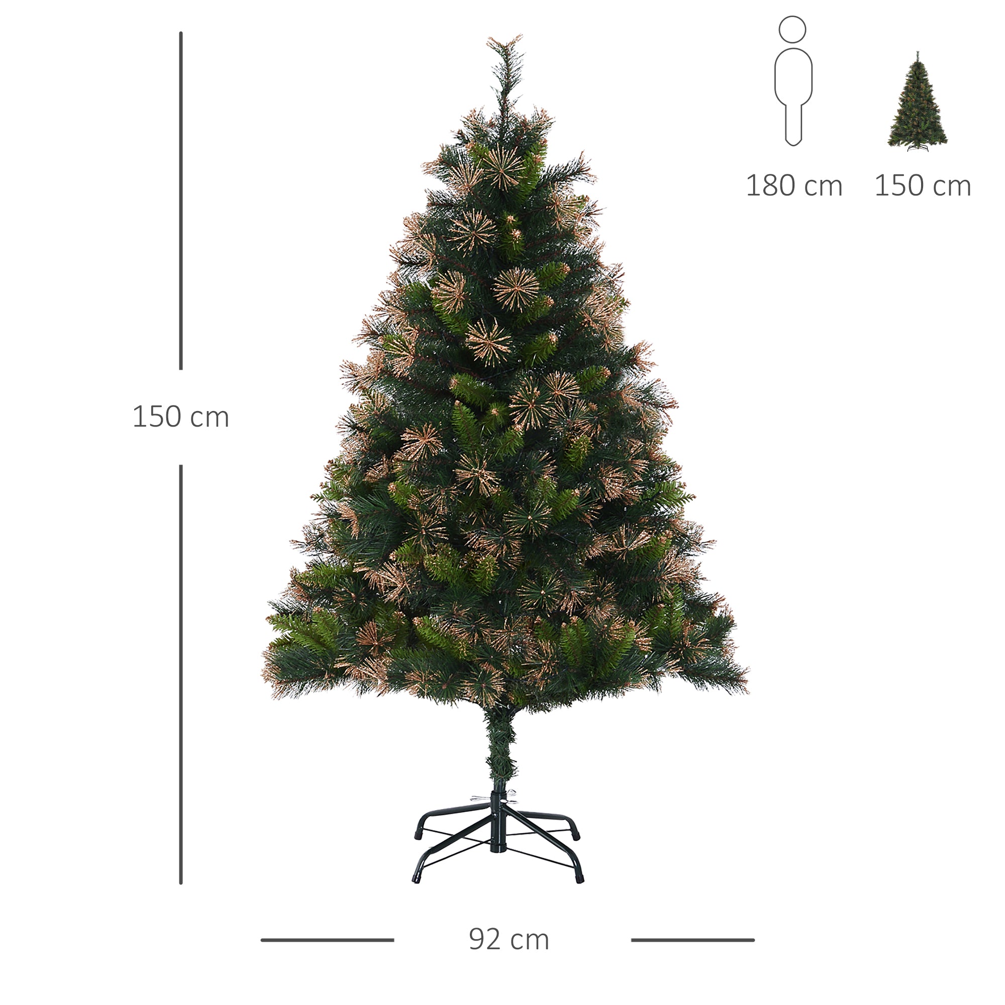 HOMCOM 1.5m Prelit Christmas Tree Artificial Tree, Metal Stand-Green - anydaydirect