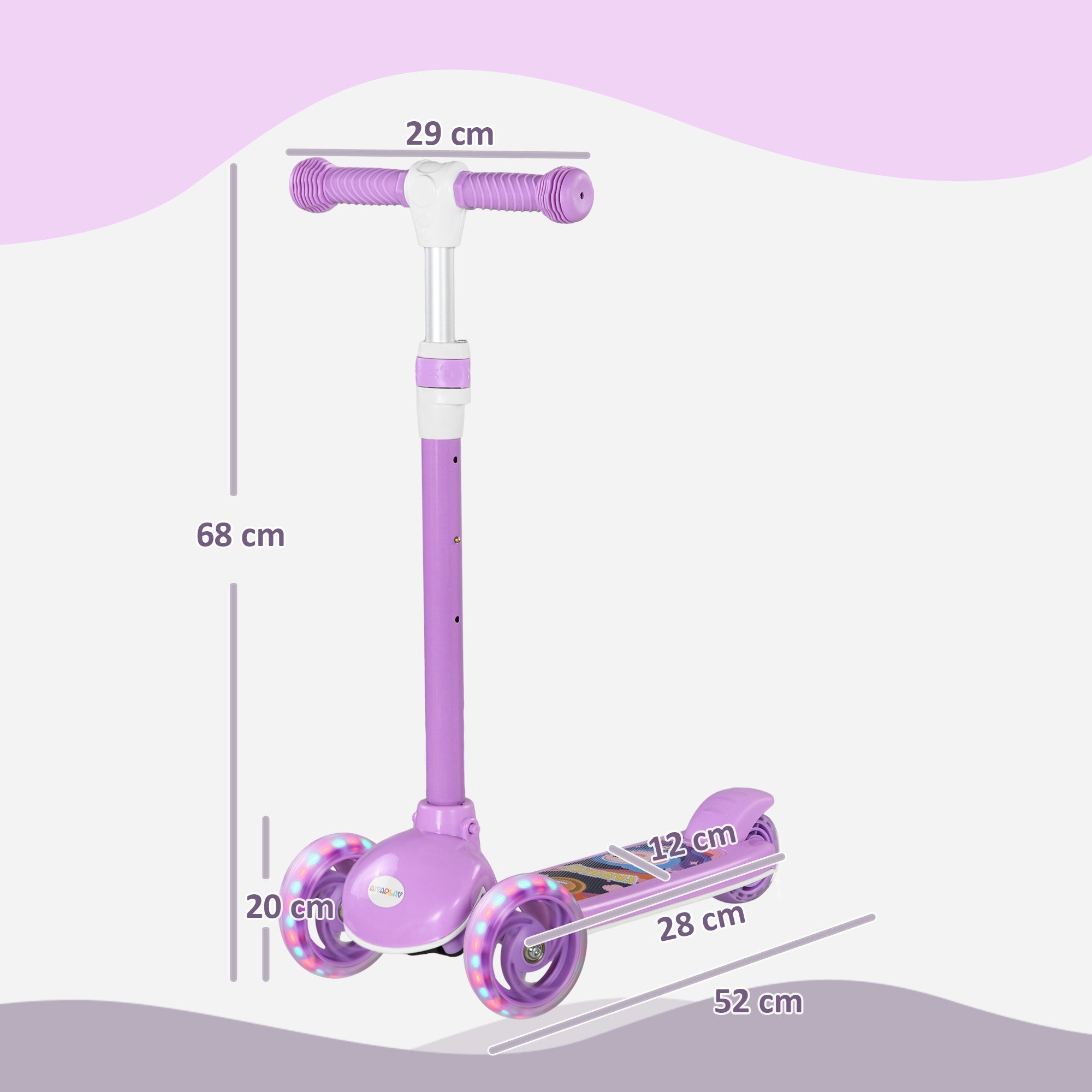 AIYAPLAY Kids 3 Wheel Scooter for 2-6 Years Old w/ Adjustable Height, LED Light, TPE Handlebar, Purple - anydaydirect