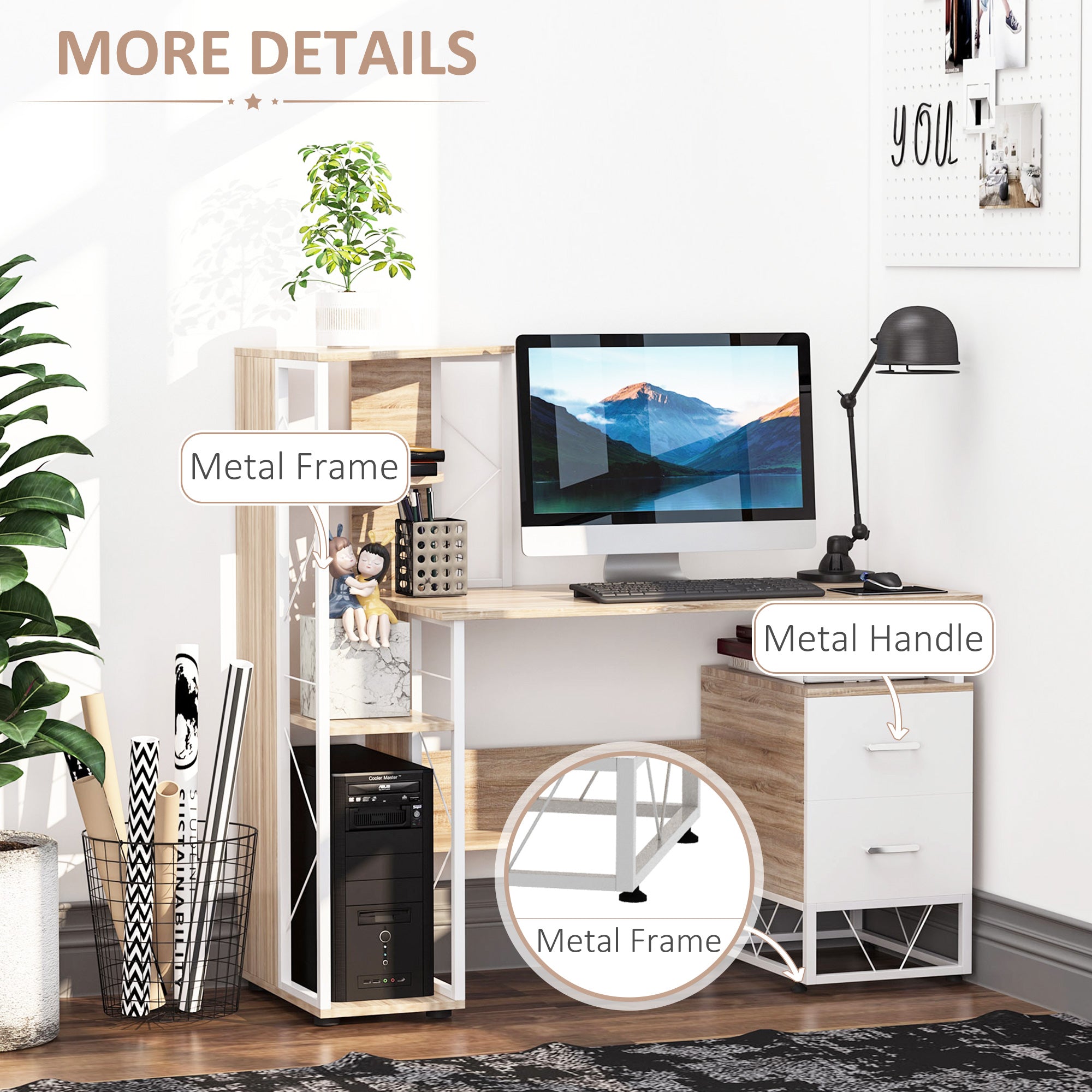 HOMCOM Computer Desk with Drawers and Bookshelf, Writing Desk for Home Office with Storage Shelves, Study Workstation, Oak - anydaydirect