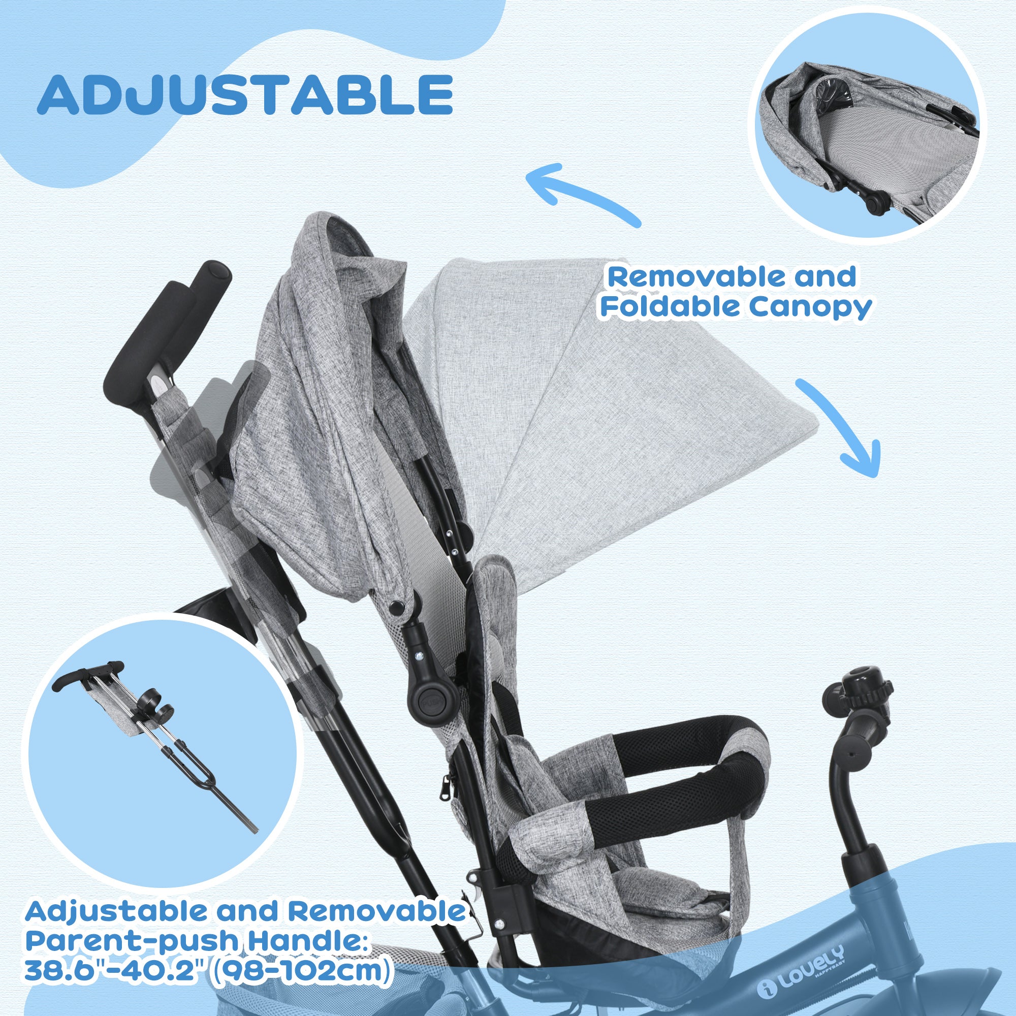 HOMCOM 4 in 1 Kids Trike Push Bike w/ Push Handle, Canopy, 5-point Safety Belt, Storage, Footrest, Brake, for 1-5 Years, Grey - anydaydirect