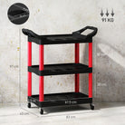 HOMCOM 3-Tier Rolling Tool Cart, Tool Trolley on Wheels, Plastic Mobile Service Utility Cart with Handles for Garage, Mechanics and Warehouse, 91kg Capacity, Black and Red - anydaydirect