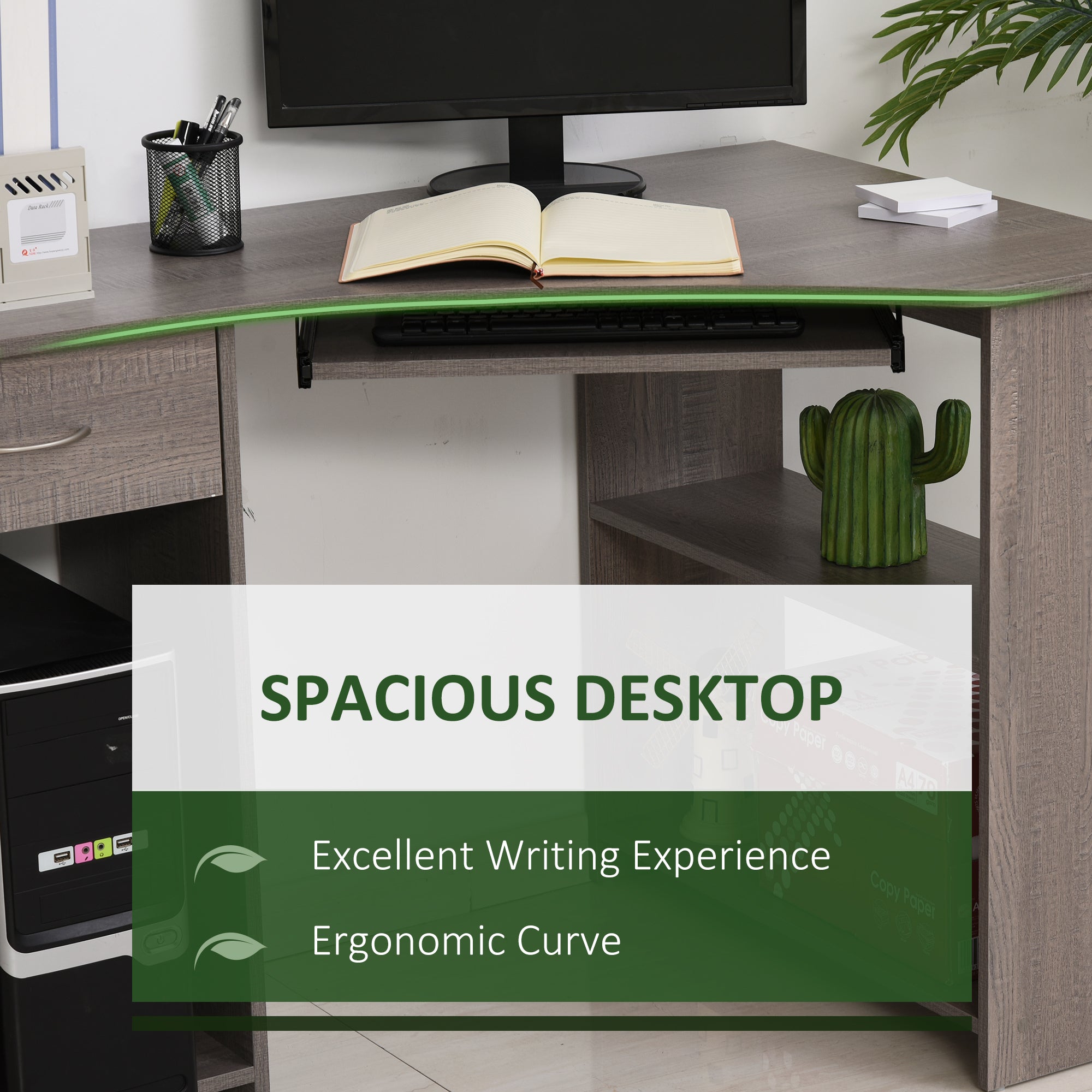 HOMCOM L-Shaped Corner Computer Desk w/ 2 Shelves Wide Worktop Keyboard Tray Drawer & CPU Stand Home Office Study Bedroom Furniture Grey - anydaydirect