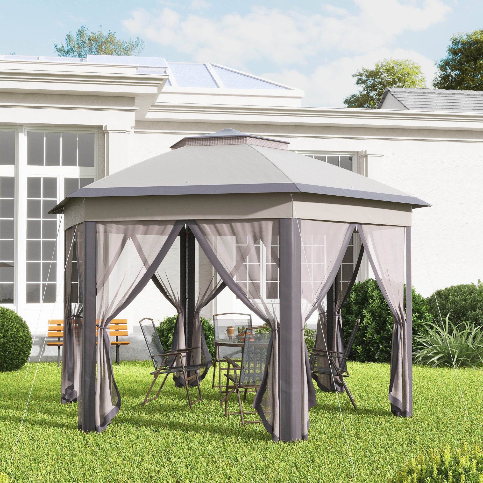 Outsunny 3 x 4m Garden Gazebo Hexagon Pop Up Party Tent Canopy Double Roof Instant Shelter with Netting and Carry Bag for Outdoor Patio, Beige - anydaydirect