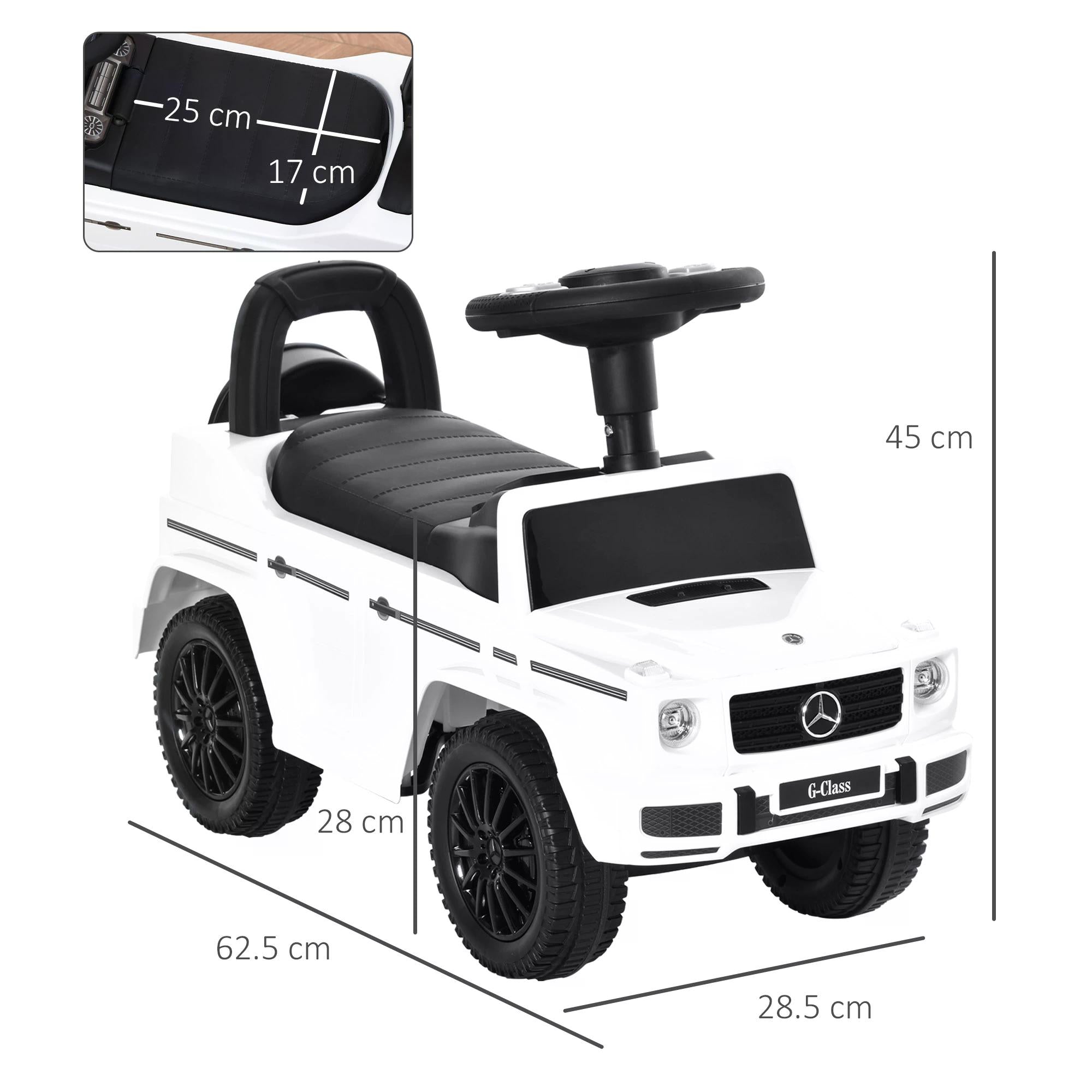 HOMCOM Mercedes-Benz G350 Baby Rider: Foot-to-Floor Slider with Push Handle, Horn & Storage, White - anydaydirect