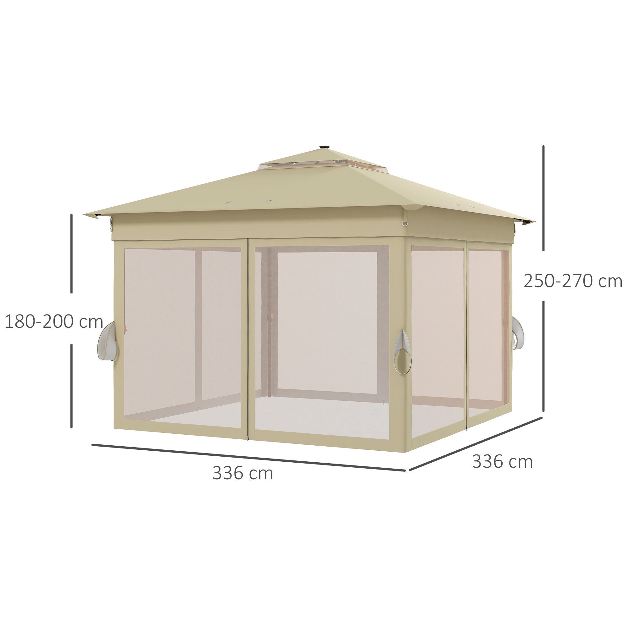 Outsunny 3 x 3(m) Pop Up Gazebo Party Tent with Solar-Powered LED Lights, Adjustable Event Shelter with Netting, Khaki - anydaydirect