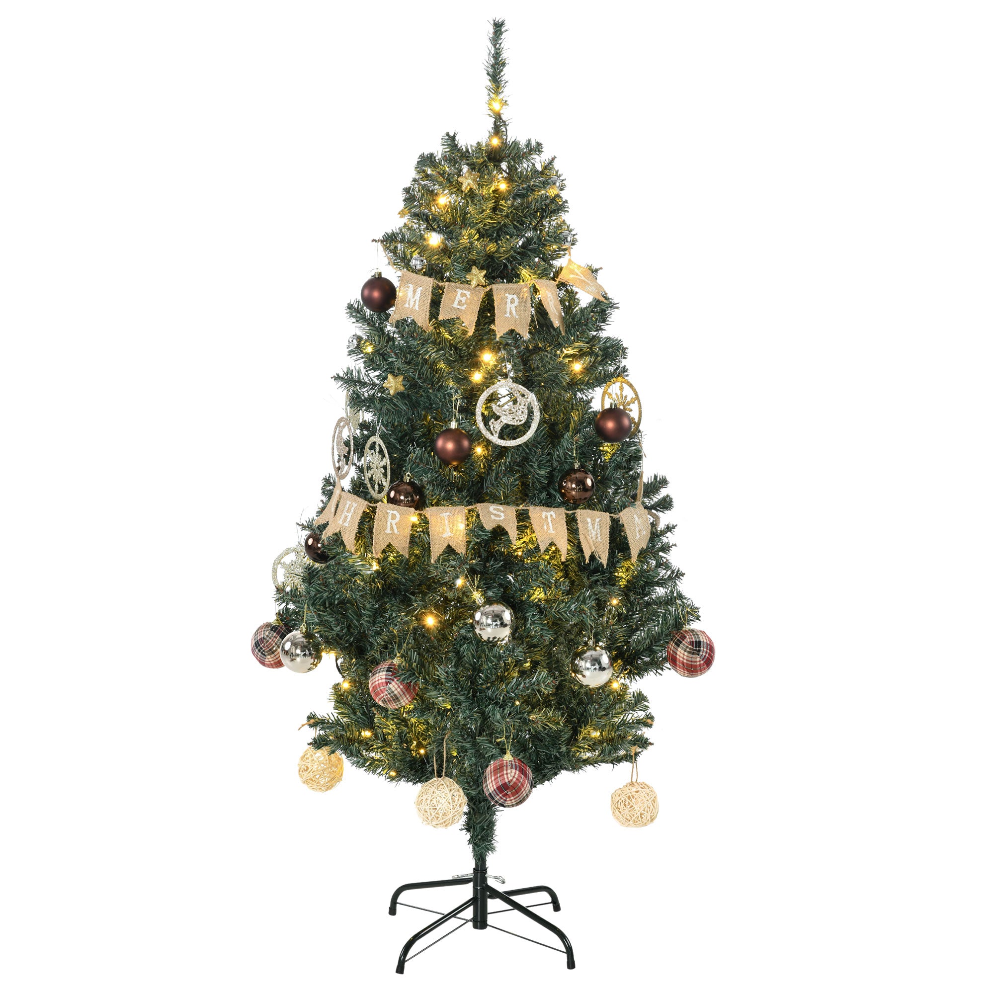 HOMCOM 5' Artificial Prelit Christmas Trees Holiday Décor with Warm White LED Lights, Decoration, Banner, Tag, Ball - anydaydirect