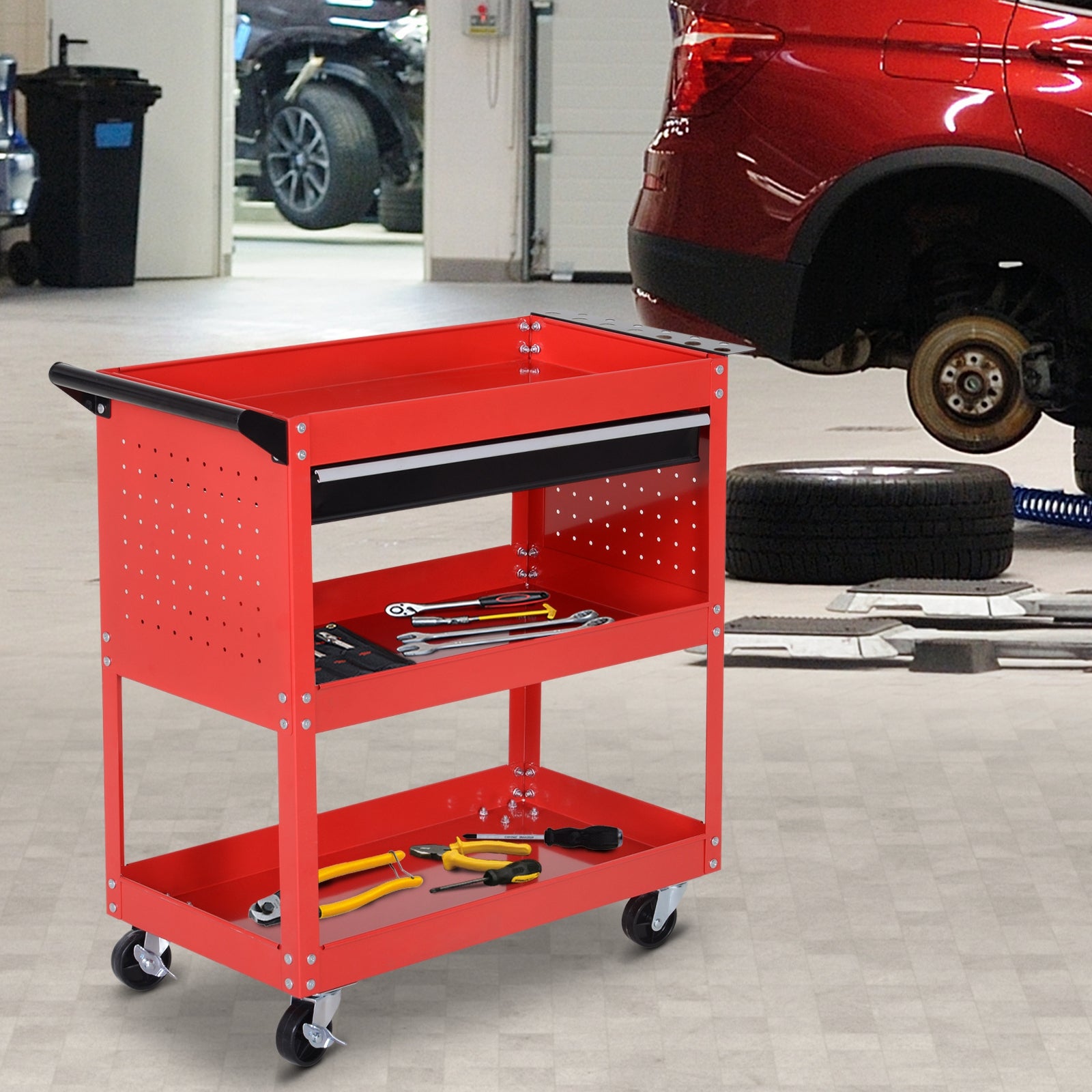 DURHAND 3-Tier Tool Trolley Cart Storage Shelf Roller Cabinet DIY Box Garage Workshop with Drawer Red - anydaydirect