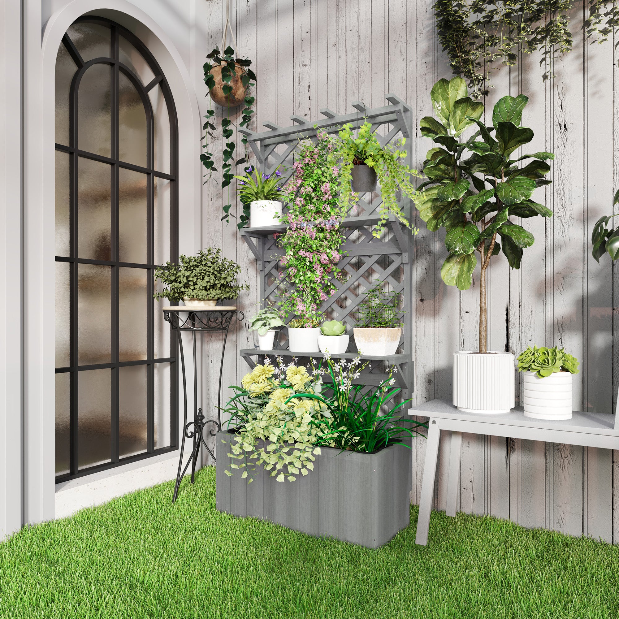 Outsunny 52L Wooden Planter, with Trellis and Shelves - Grey - anydaydirect