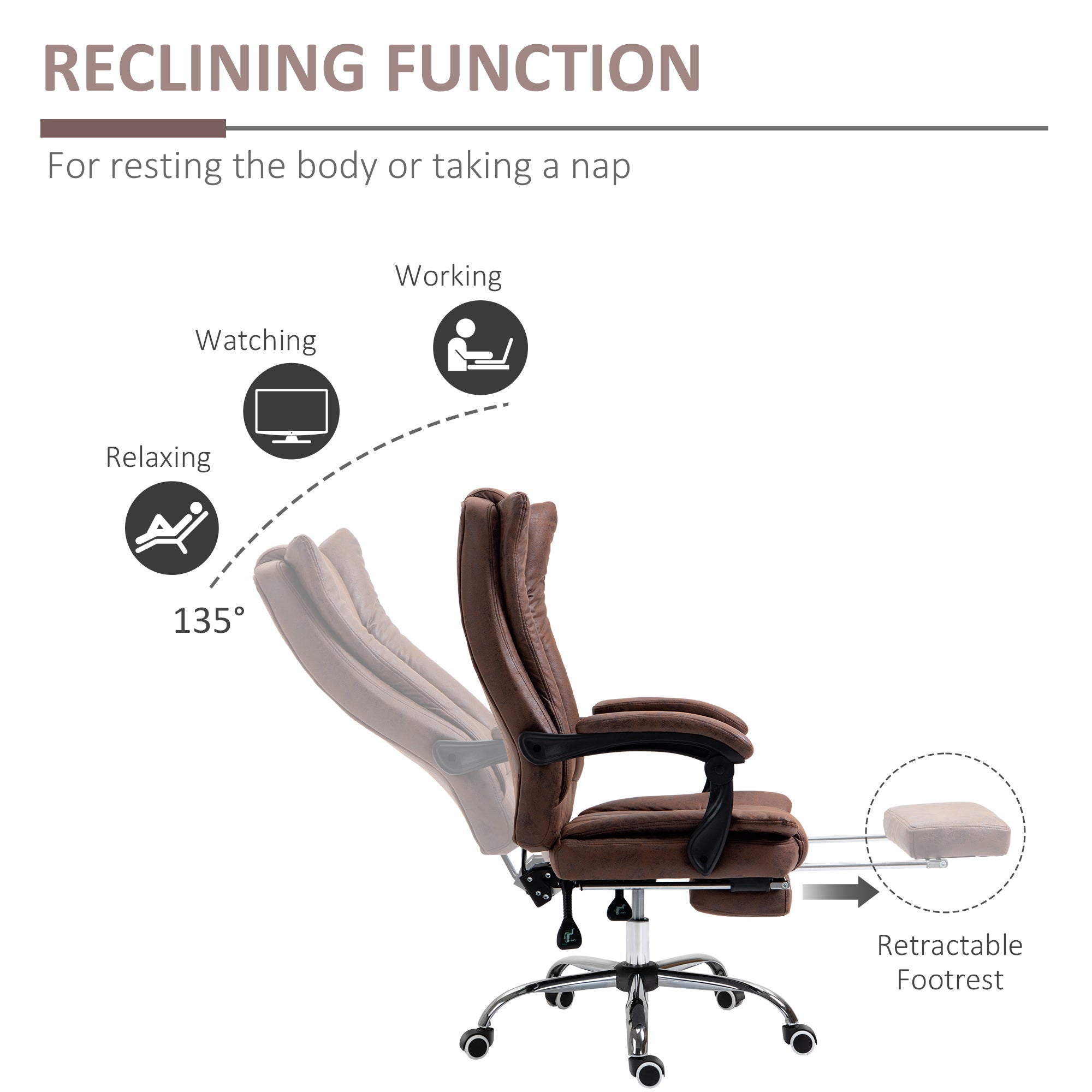 Vinsetto Home Office Chair Microfibre Desk Chair with Reclining Function Armrests Swivel Wheels Footrest Brown - anydaydirect