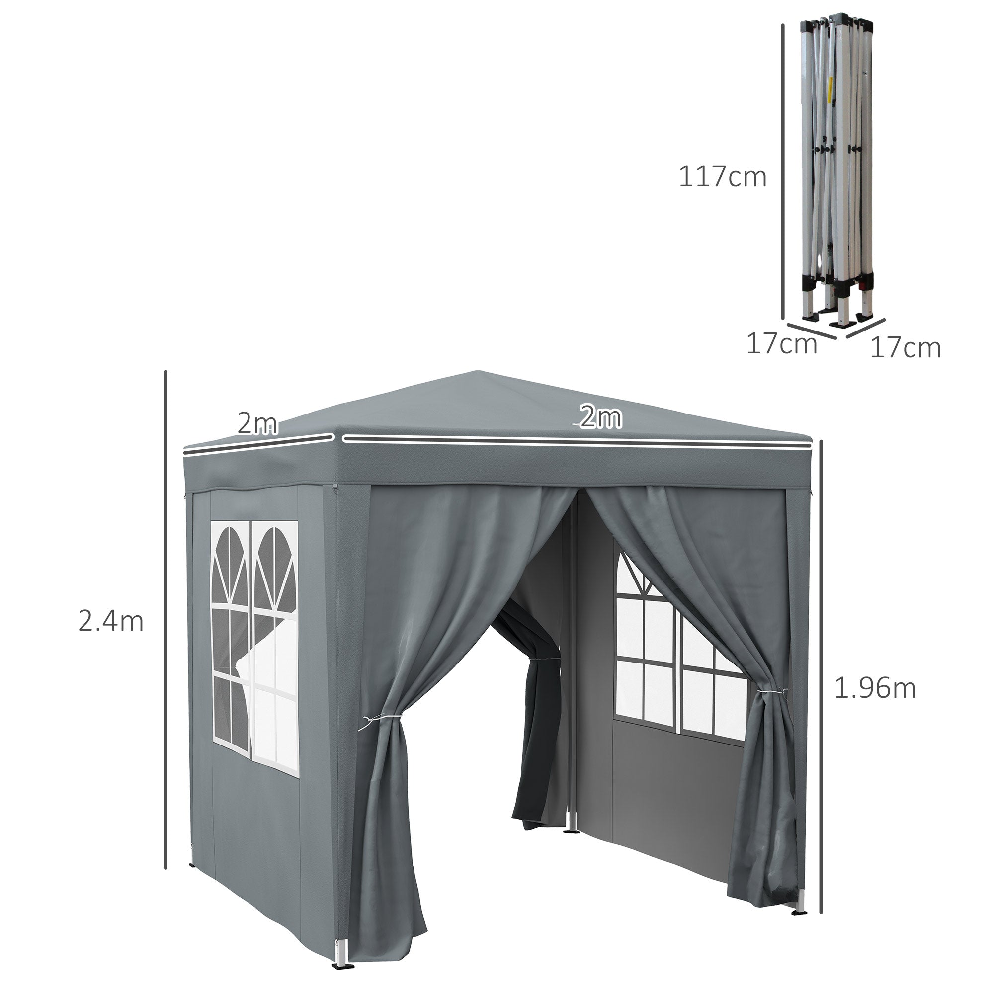 Outsunny Garden Pop Up Gazebo Marquee Party Tent Canopy with free Carrying Case, Removable 2 Walls, 2 Windows, 2m x 2m, Grey - anydaydirect