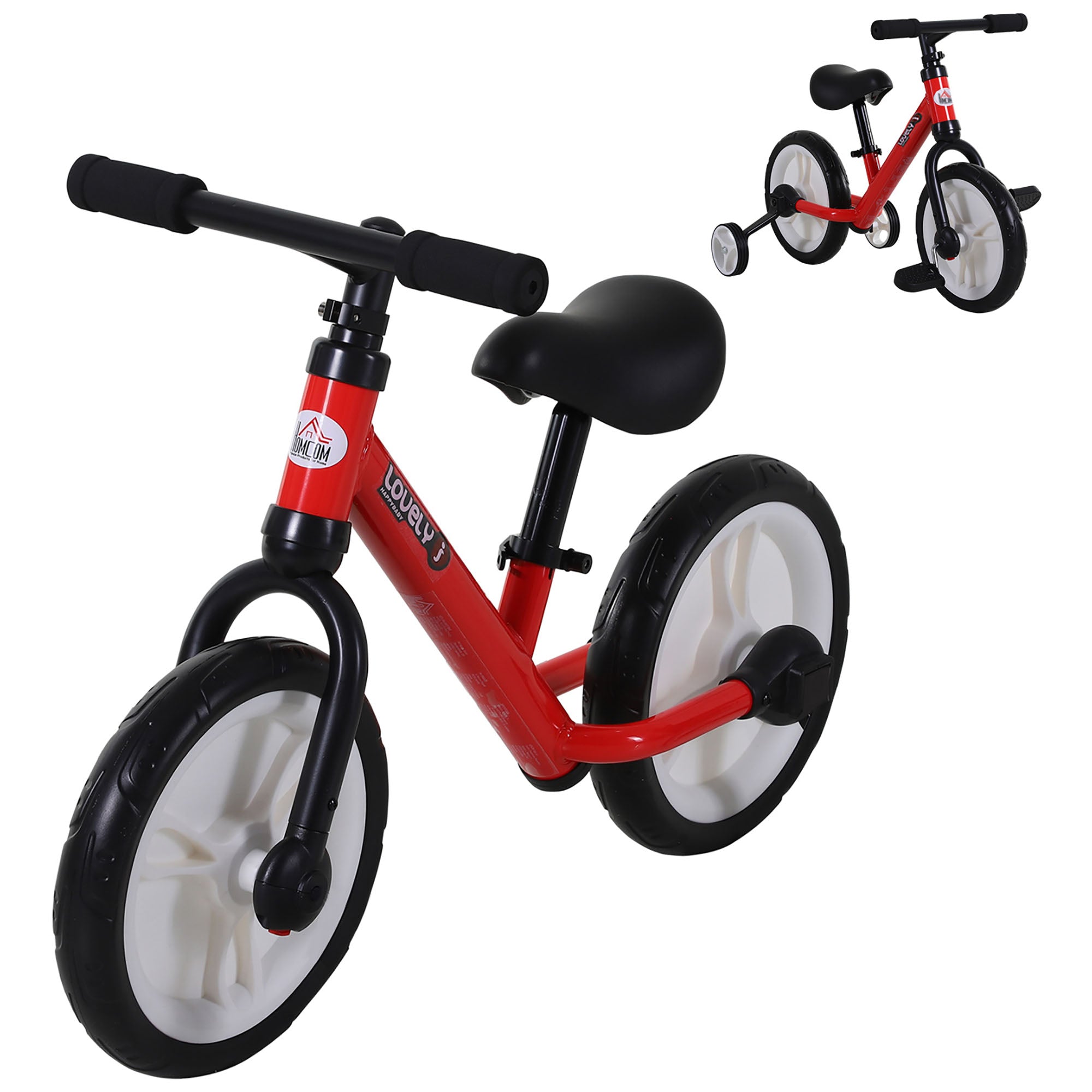 HOMCOM Toddler Balance Bike: Durable PP Frame with Removable Stabilisers, Vibrant Red - anydaydirect