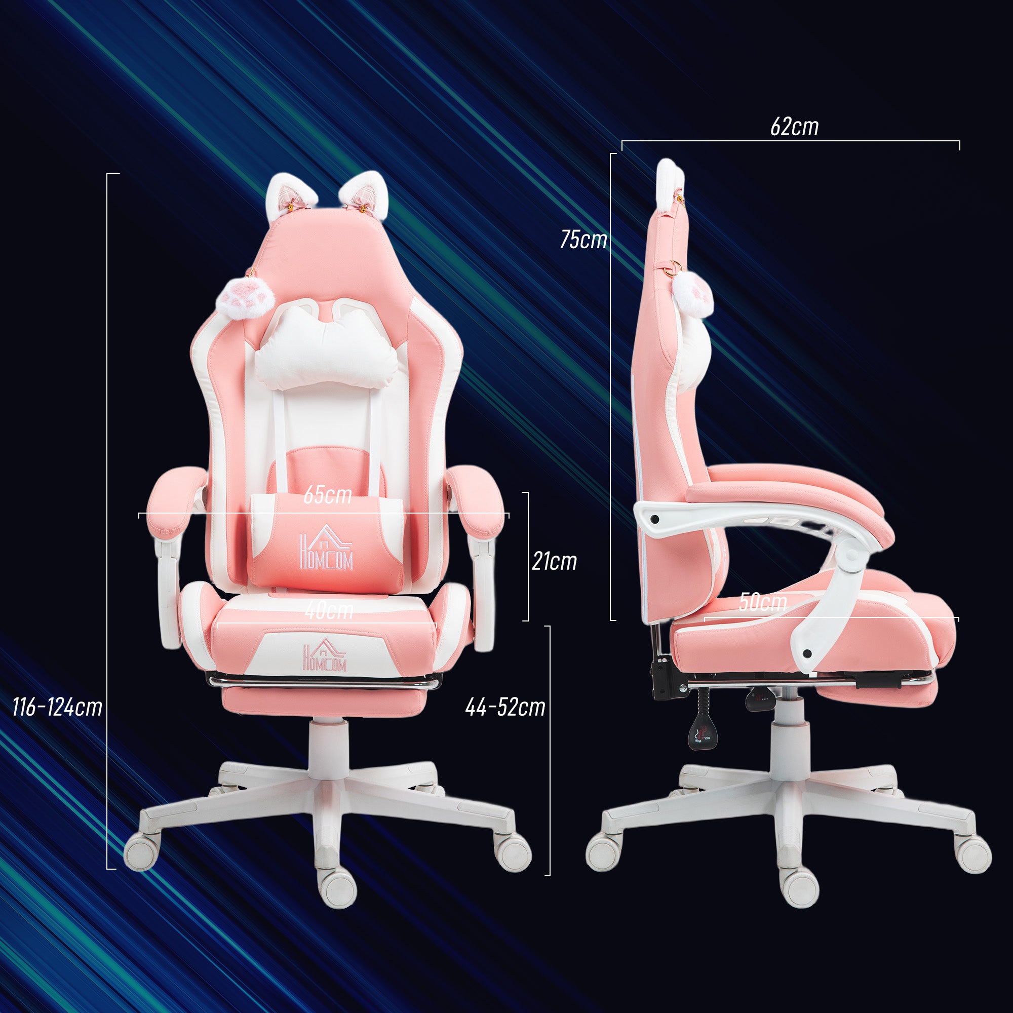 HOMCOM Cat Ear and Paw Reclining Office Chair, with Footrest - Pink/White - anydaydirect