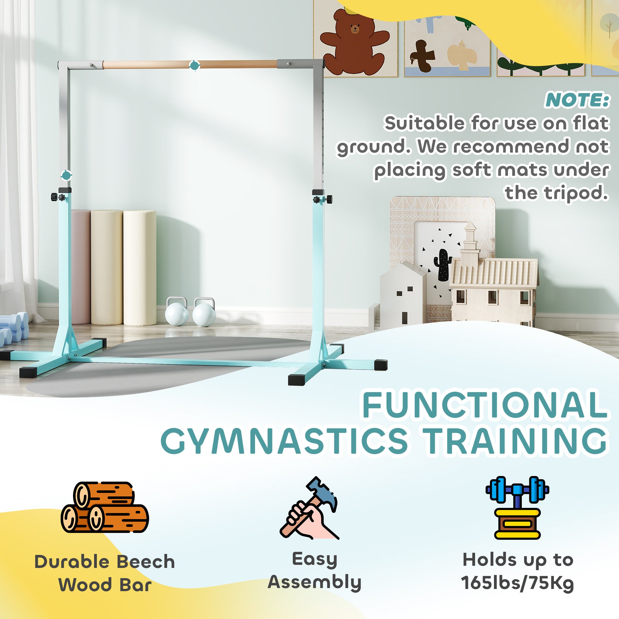 HOMCOM Height Adjustable Gymnastics Horizontal Bar for Kids, Children Junior Kip High Bar Fitness, Light Blue - anydaydirect