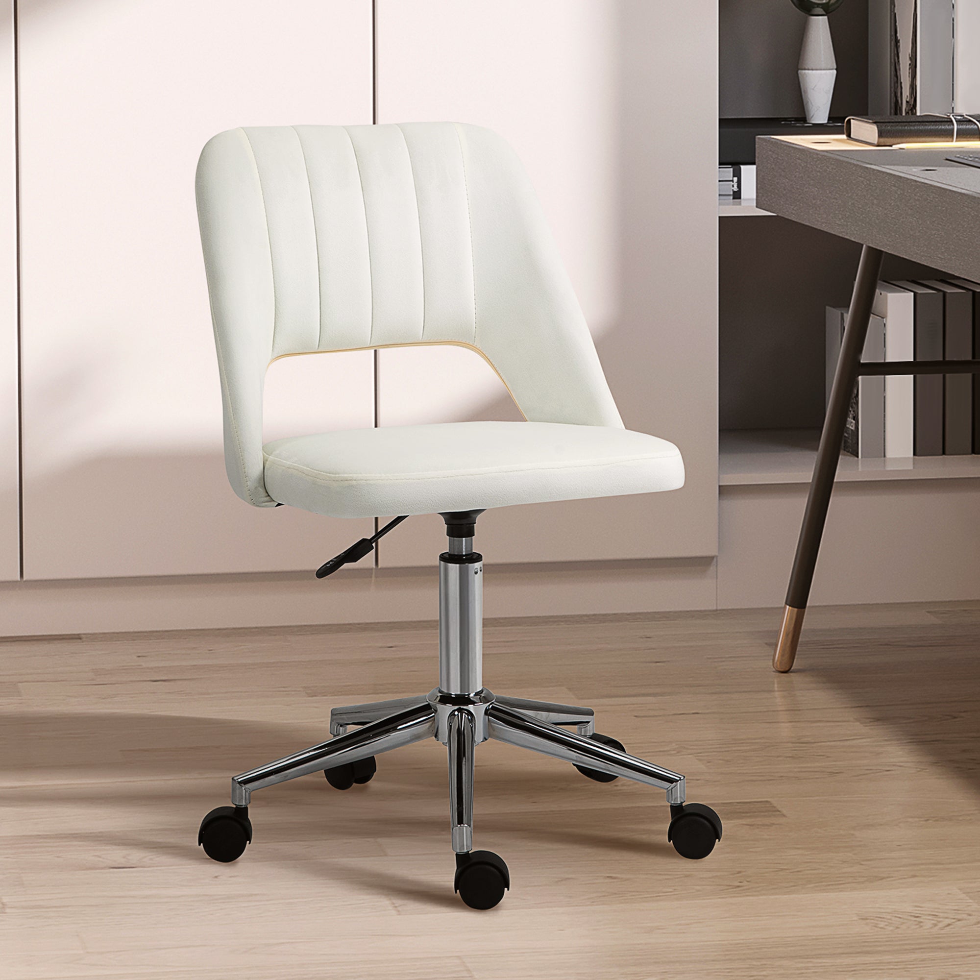 Vinsetto Armless Velvet-Feel Office Chair - Cream White - anydaydirect