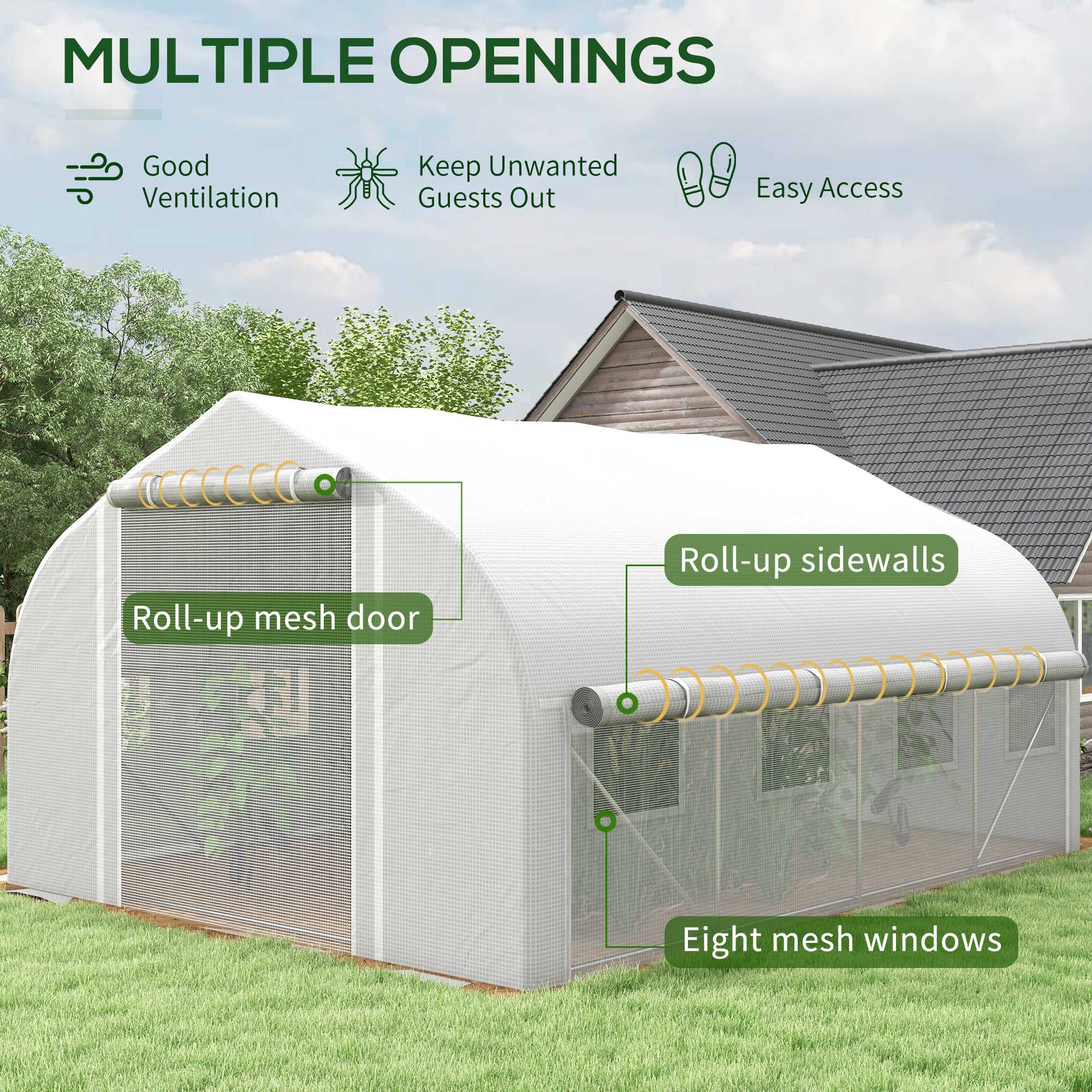 Outsunny 4 x 3(m) Walk-in Polytunnel Greenhouse, Zipped Roll Up Sidewalls, Mesh Door, 8 Mesh Windows, Tunnel Warm House Tent with PE Cover, Complimentary Plant Labels and Gloves, White - anydaydirect