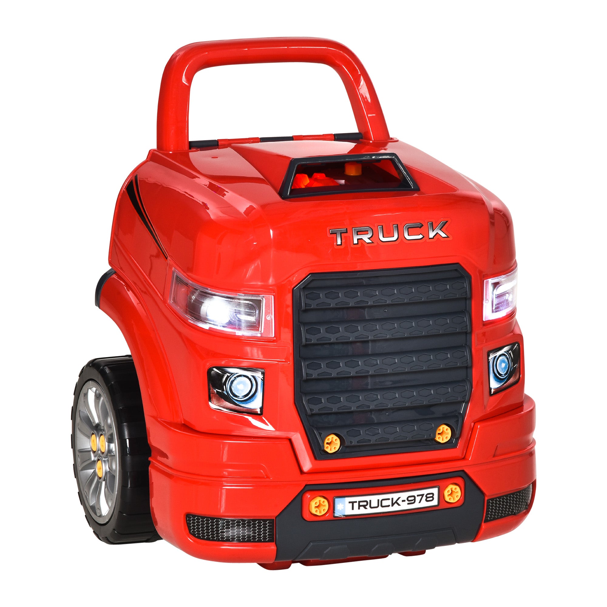 HOMCOM Kids Toy Truck Set, Toddler Educational Car Service Station Playset, Take Apart Workshop, w/ RC Car Key, Light, for 3-5 Years Old Red - anydaydirect