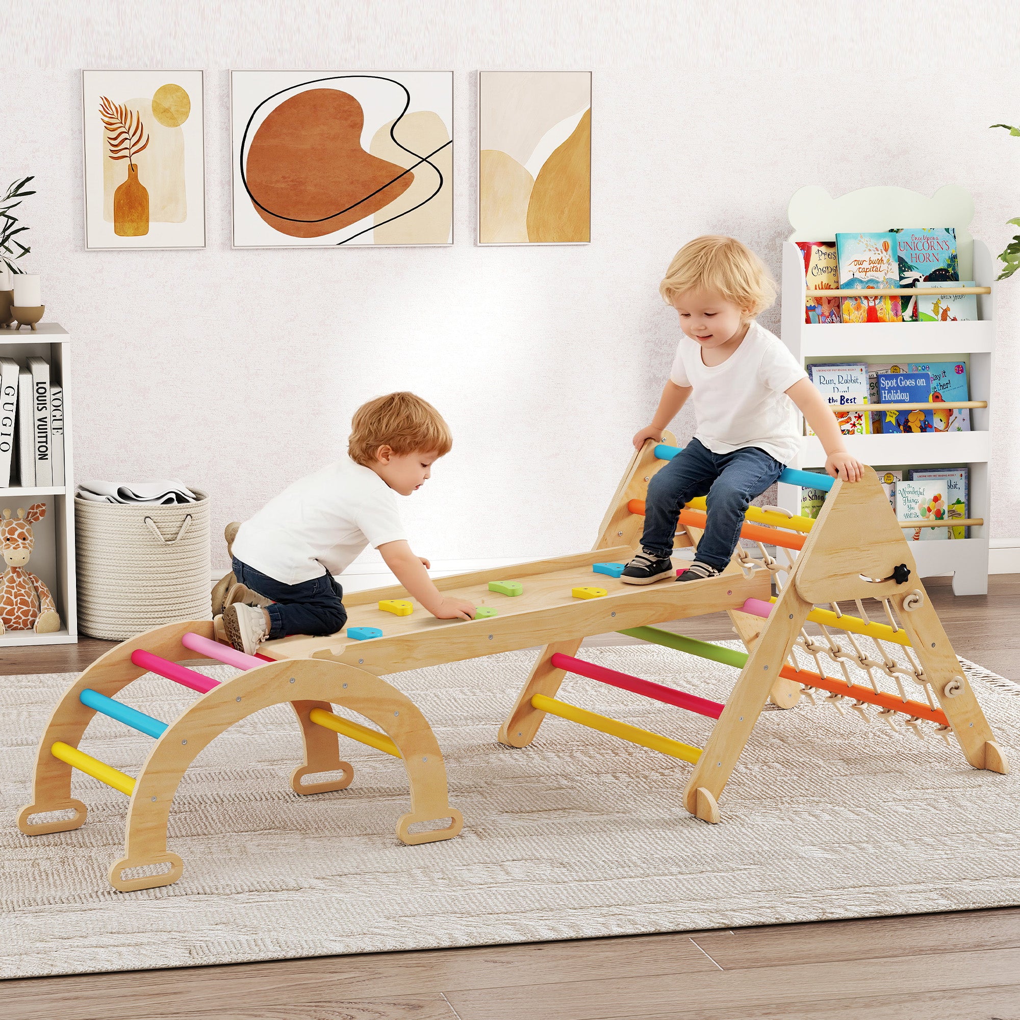AIYAPLAY 8-in-1 Toddler Climbing Frame, Indoor Play Triangle Set with Slide, Arch and Triangle Ladder, Multicolour - anydaydirect
