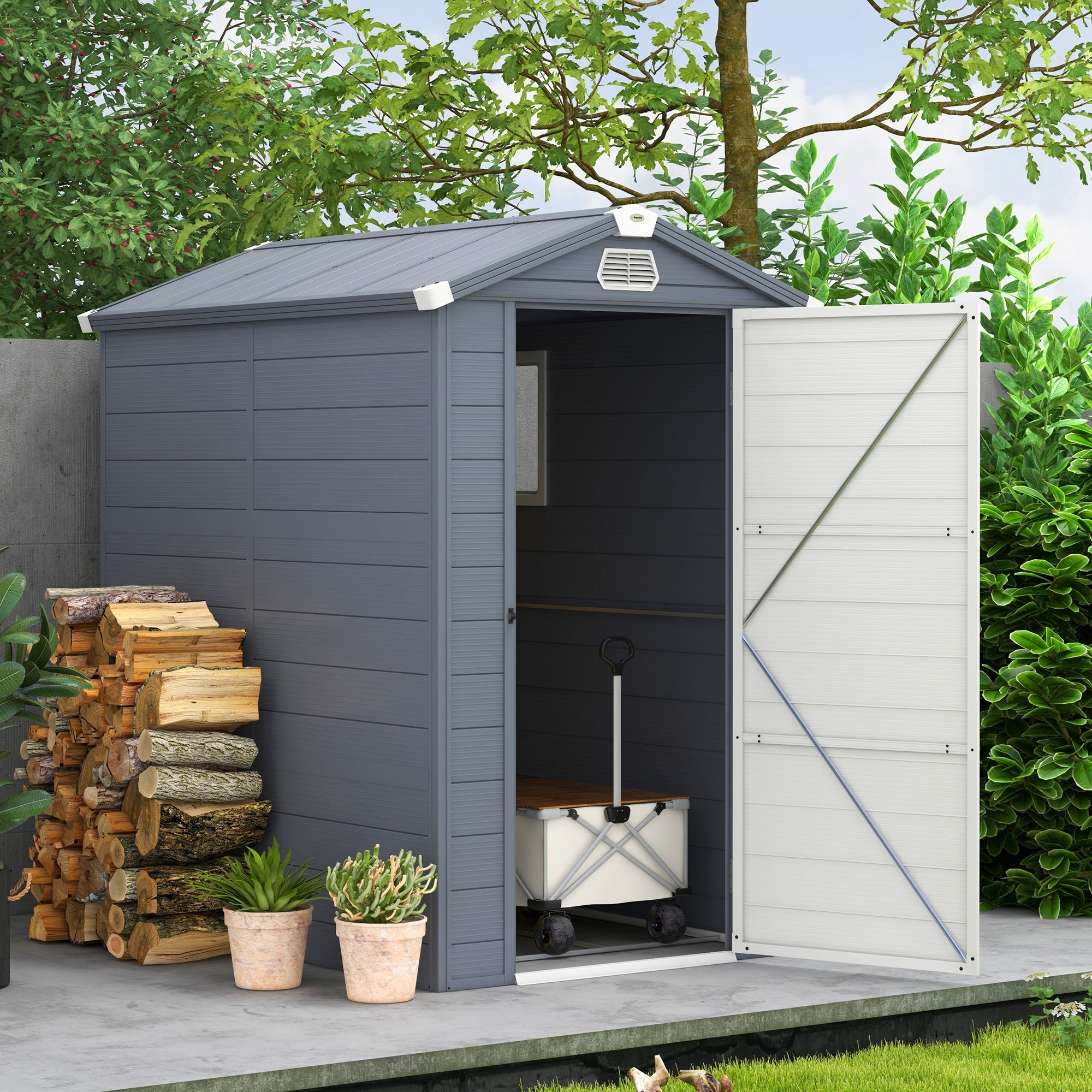 Outsunny 4 x 6ft Garden Shed with Foundation Kit, Polypropylene Outdoor Storage Tool House with Ventilation Slots and Lockable Door, Grey - anydaydirect