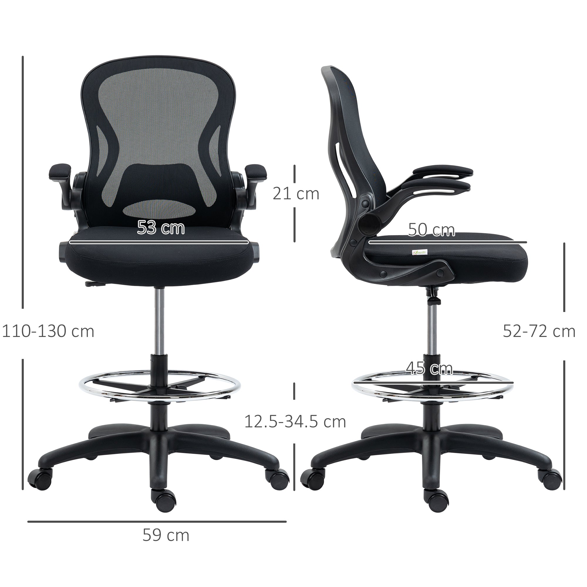 Vinsetto Adjustable Mesh Standing Desk Chair with Flip-up Armrests Lumbar Support Armrests Adjustable Footrest Ring Black - anydaydirect