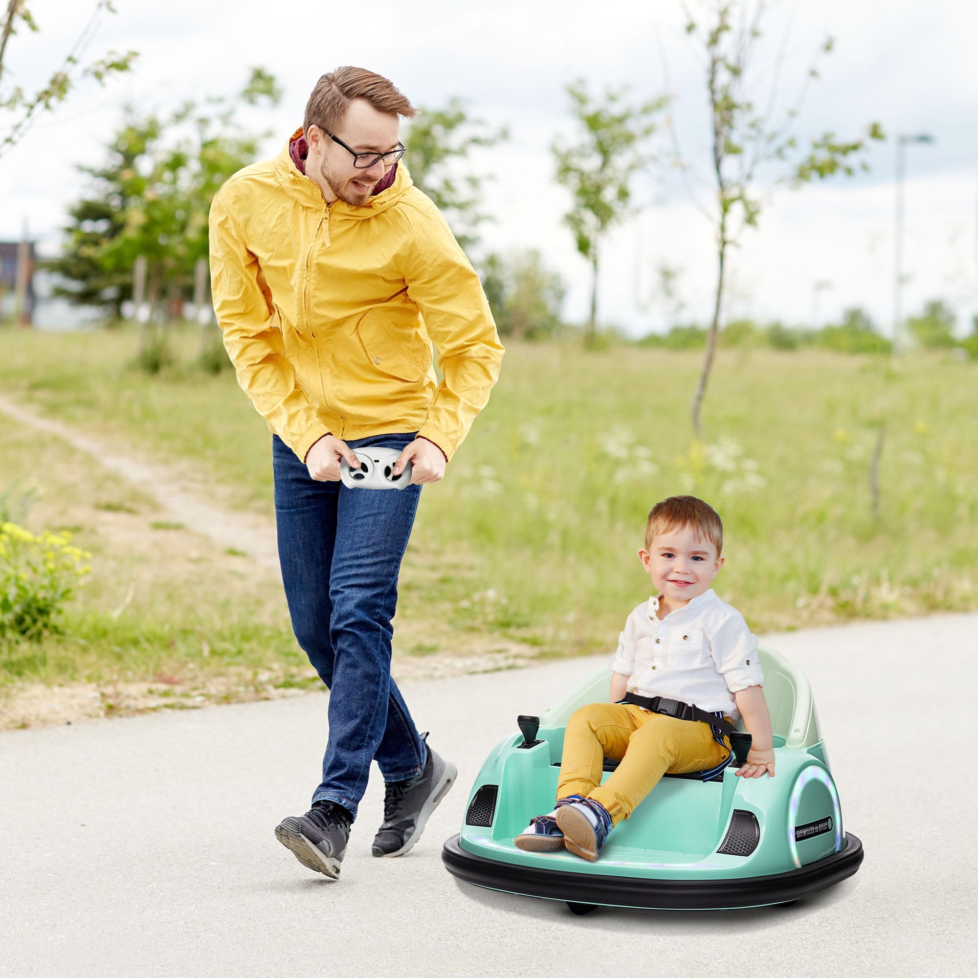 AIYAPLAY 360° Rotation Kids Bumper Car, 12V Waltzer Car with Remote Control, Dual Joysticks, Music Lights - Green - anydaydirect