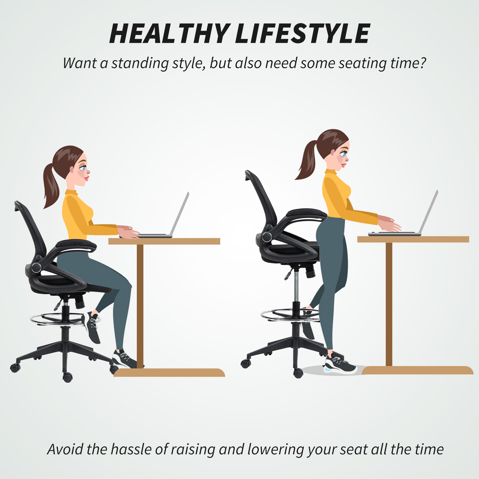 Vinsetto Drafting Chair with Flip-up Armrest, Mesh Office Stool with Foot Ring, 360° Swivel Height Adjustable Chair for Standing Desk, Black - anydaydirect