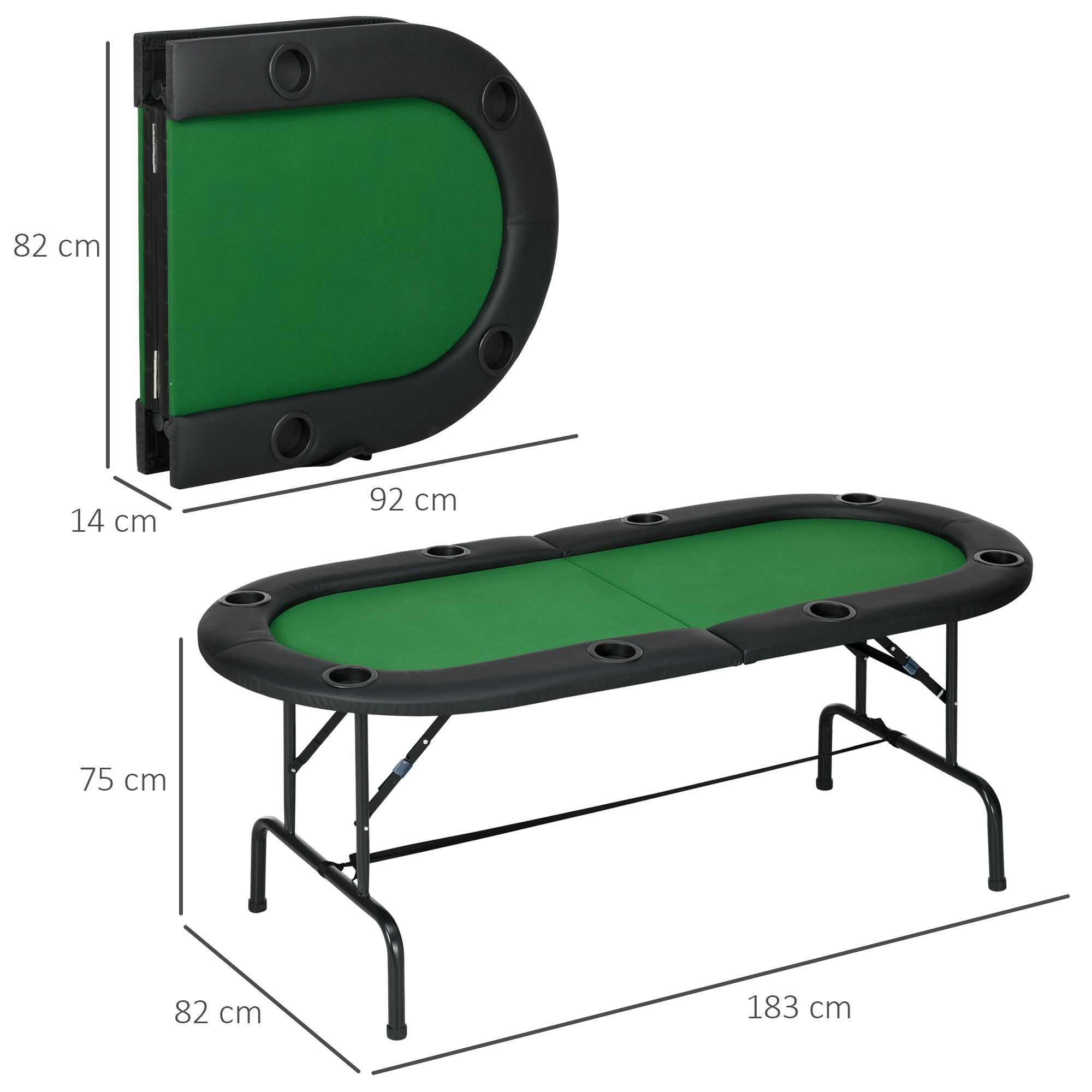 HOMCOM 8 Player Folding Poker Table, Oval Portable Blackjack Casino Table with Cup Holder, Felt Top and Metal Base, 183 x 82 x 75cm, Green and Black - anydaydirect