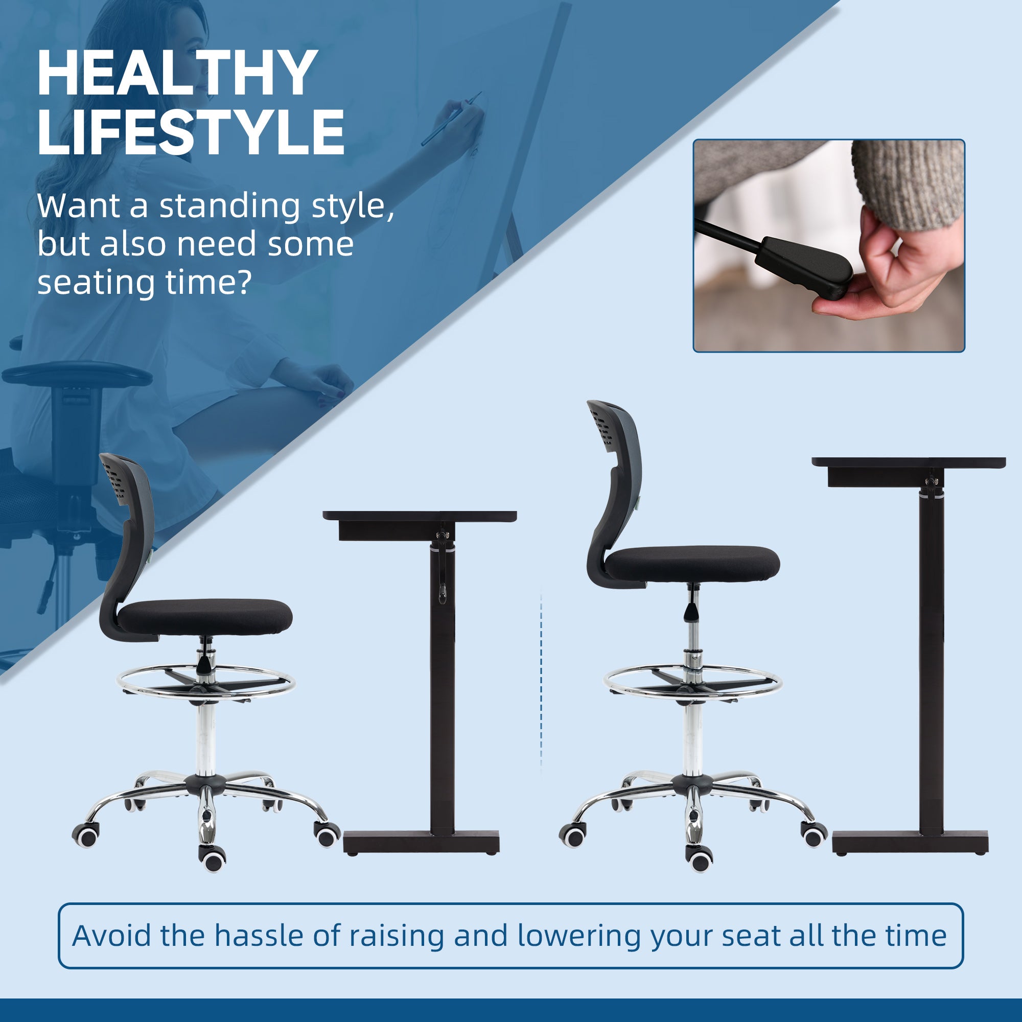 Vinsetto Drafting Chair, Swivel Office Draughtsman Chair, Mesh Standing Desk Chair with Adjustable Foot Ring, Armless, Grey - anydaydirect