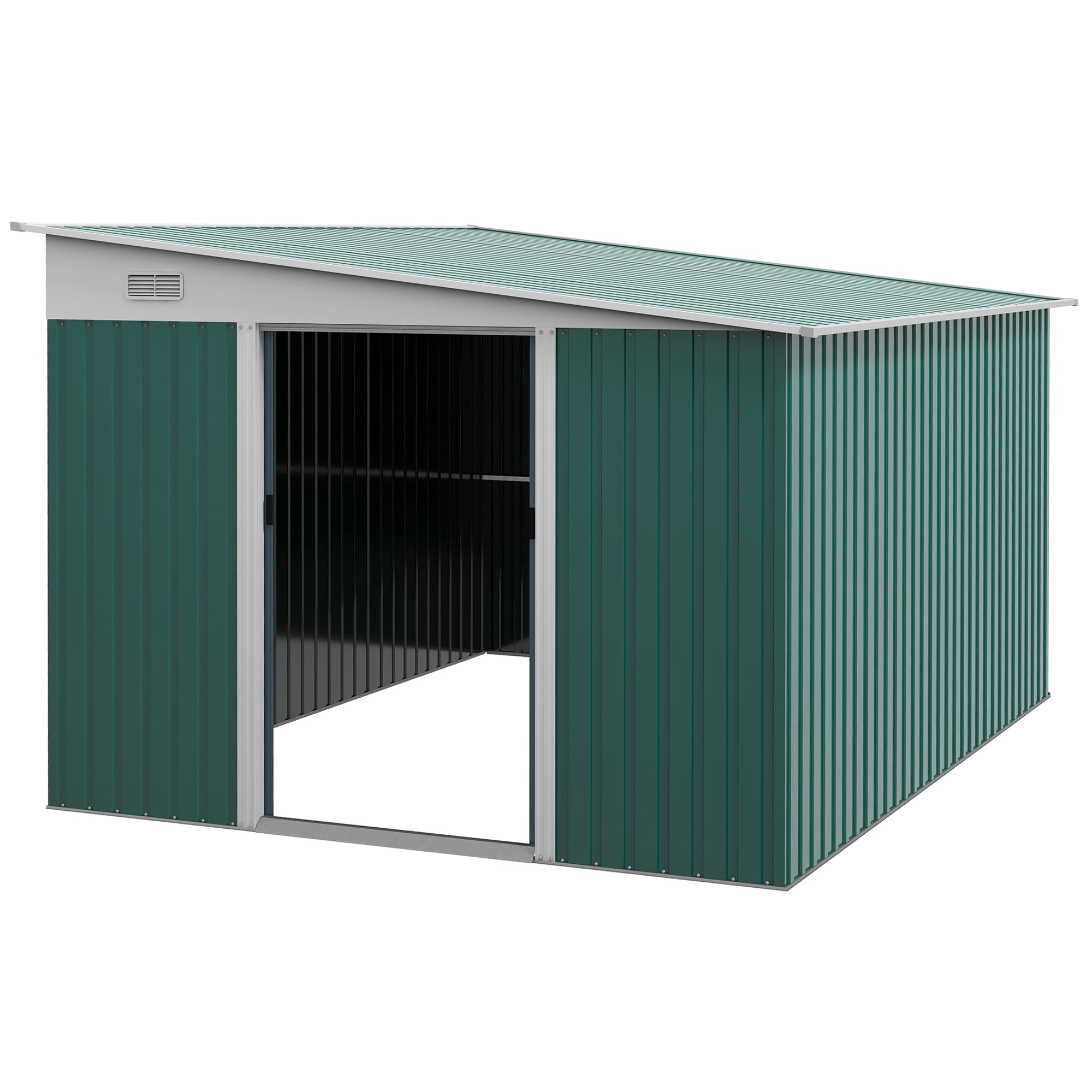 Outsunny Garden Metal Storage Shed Outdoor Metal Tool House with Double Sliding Doors and 2 Air Vents, 11.3x9.2ft, Green - anydaydirect