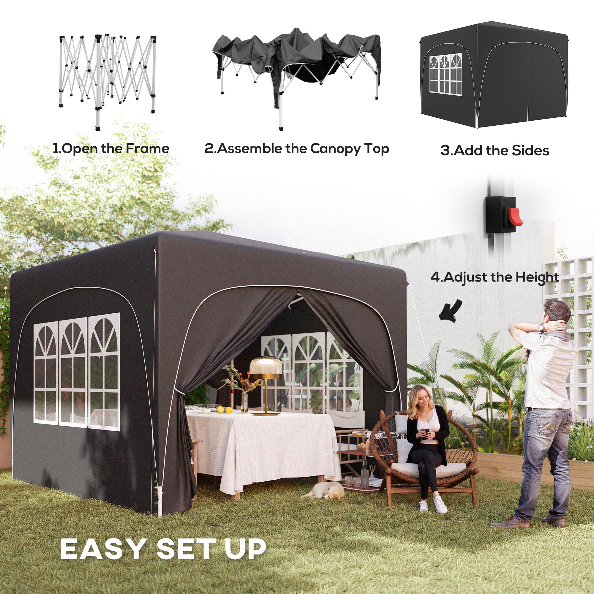 Outsunny 3 x 3m Pop-Up Gazebo Shelter, with Accessories - Black - anydaydirect