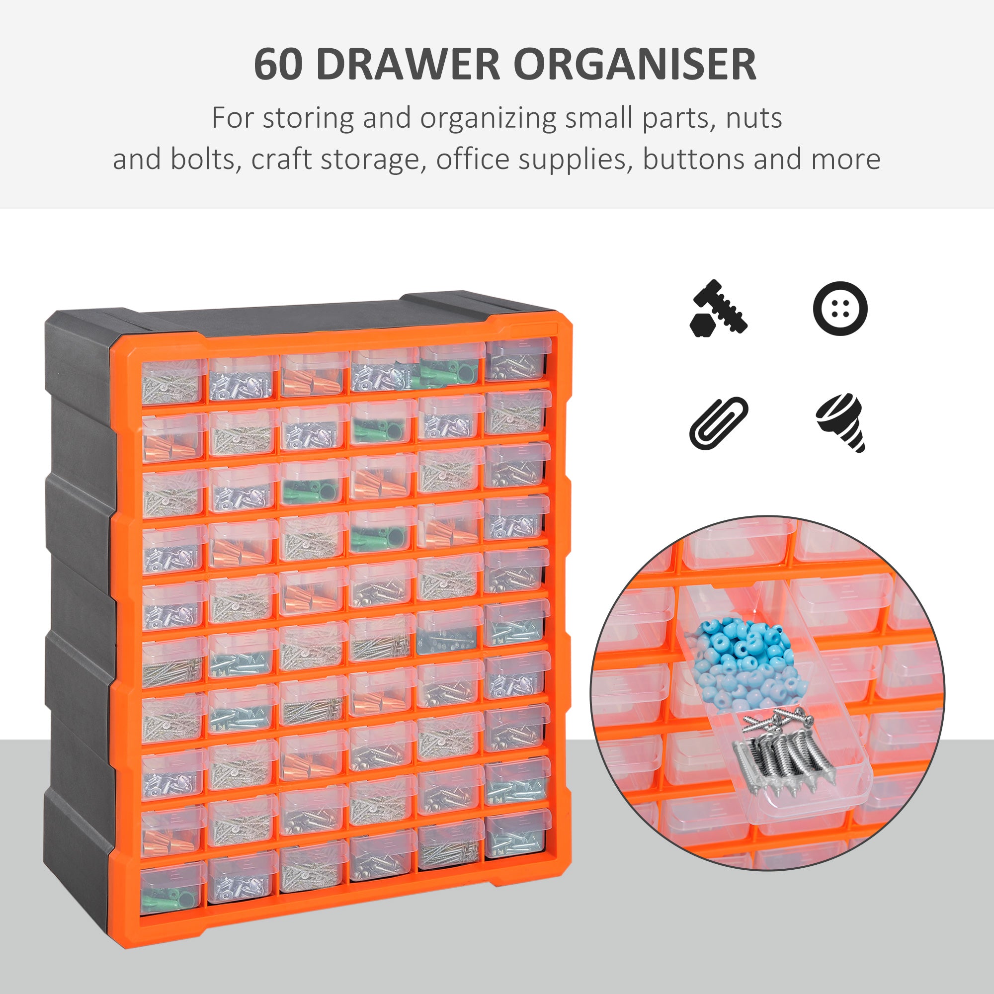 DURHAND 60 Drawers Parts Organiser Wall Mount Storage Cabinet Garage Small Nuts Bolts Tools Clear Orange - anydaydirect