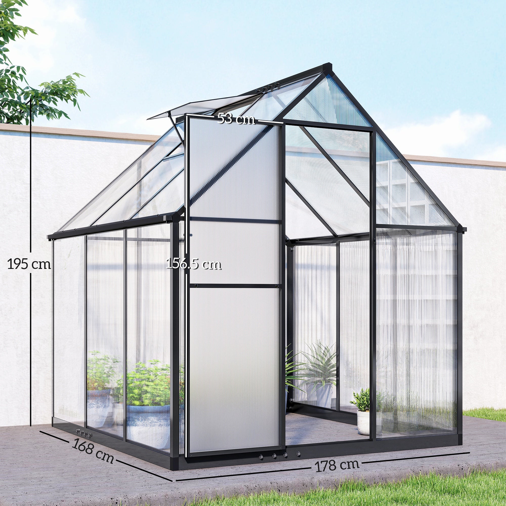 Outsunny Polycarbonate Greenhouse with Swing Door and Adjustable Window, Walk-in Greenhouse with Rain Gutter, 6 x 6.5ft, Black - anydaydirect