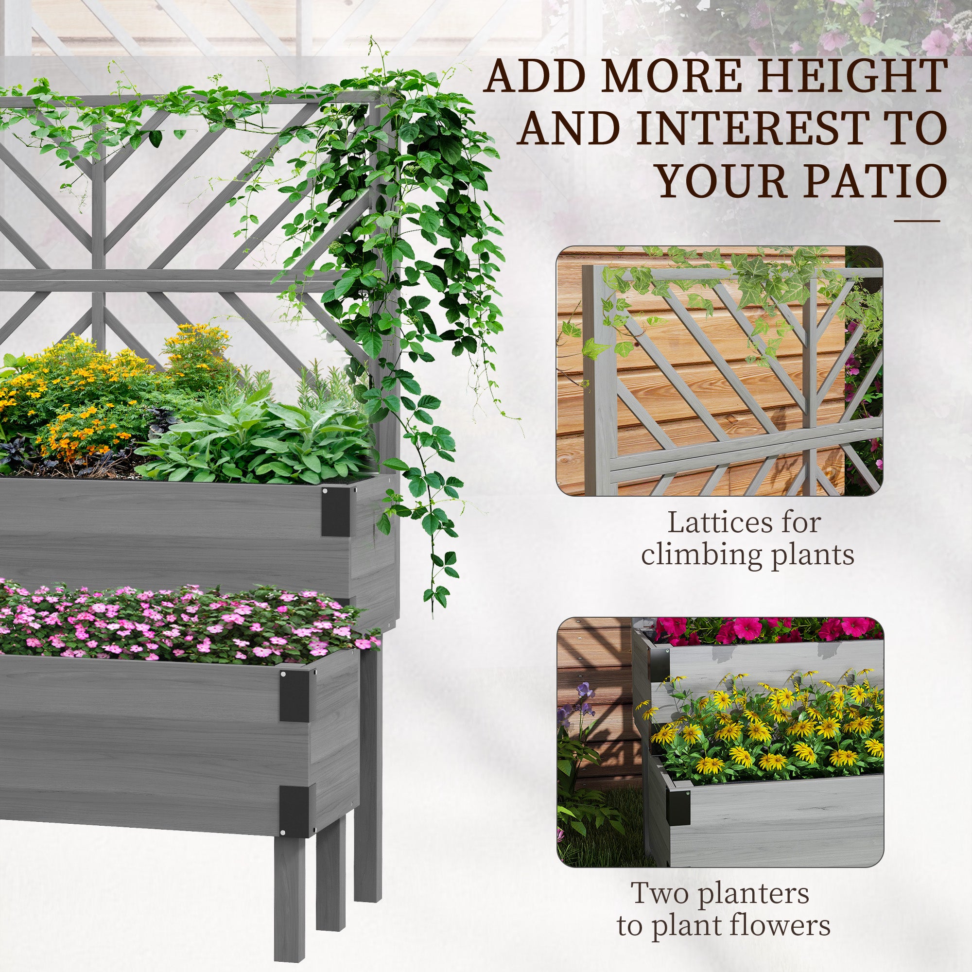 Outsunny Raised Garden Bed with Trellis, 2-Tier Wooden Elevated Planter Box  for Vegetables, Flowers, Herbs, Grey - anydaydirect
