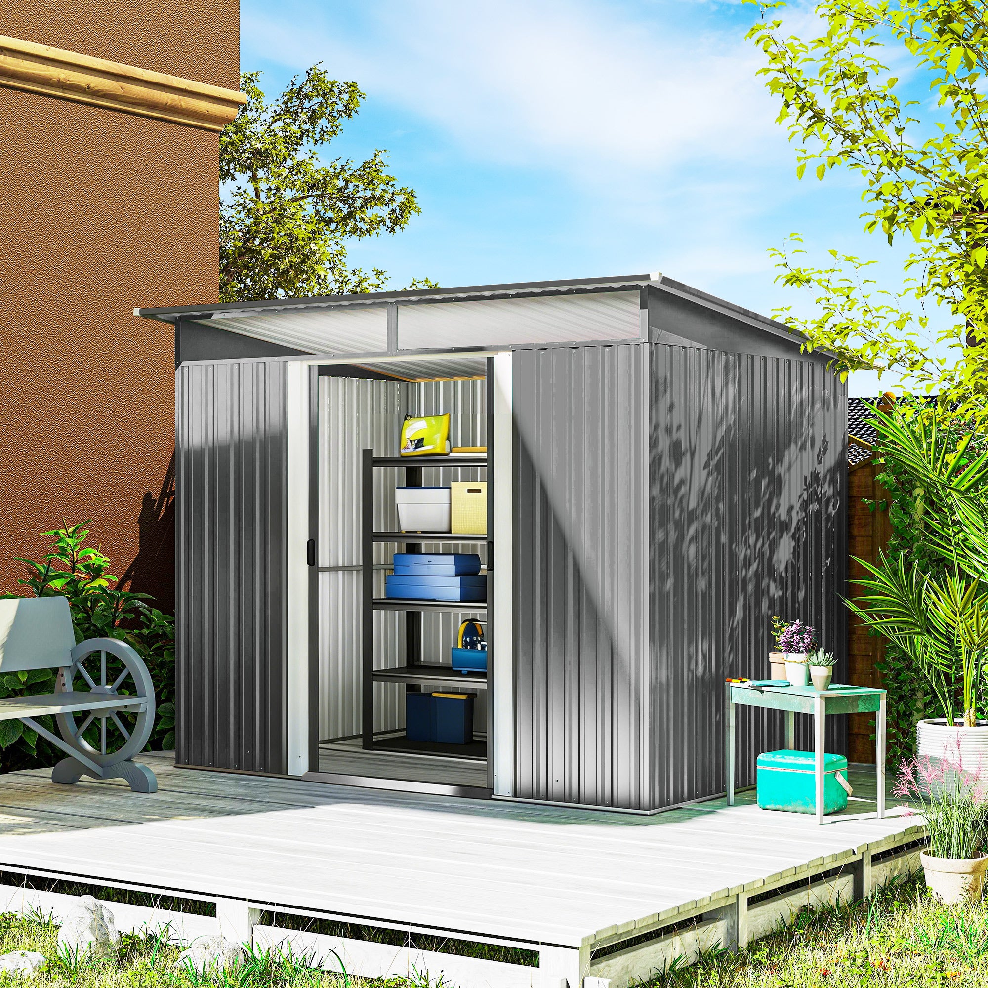 Outsunny 9ft x 6.5ft Garden Storage Shed with Top Window, Metal Outdoor Shed Tool House with Double Doors, Light Grey - anydaydirect