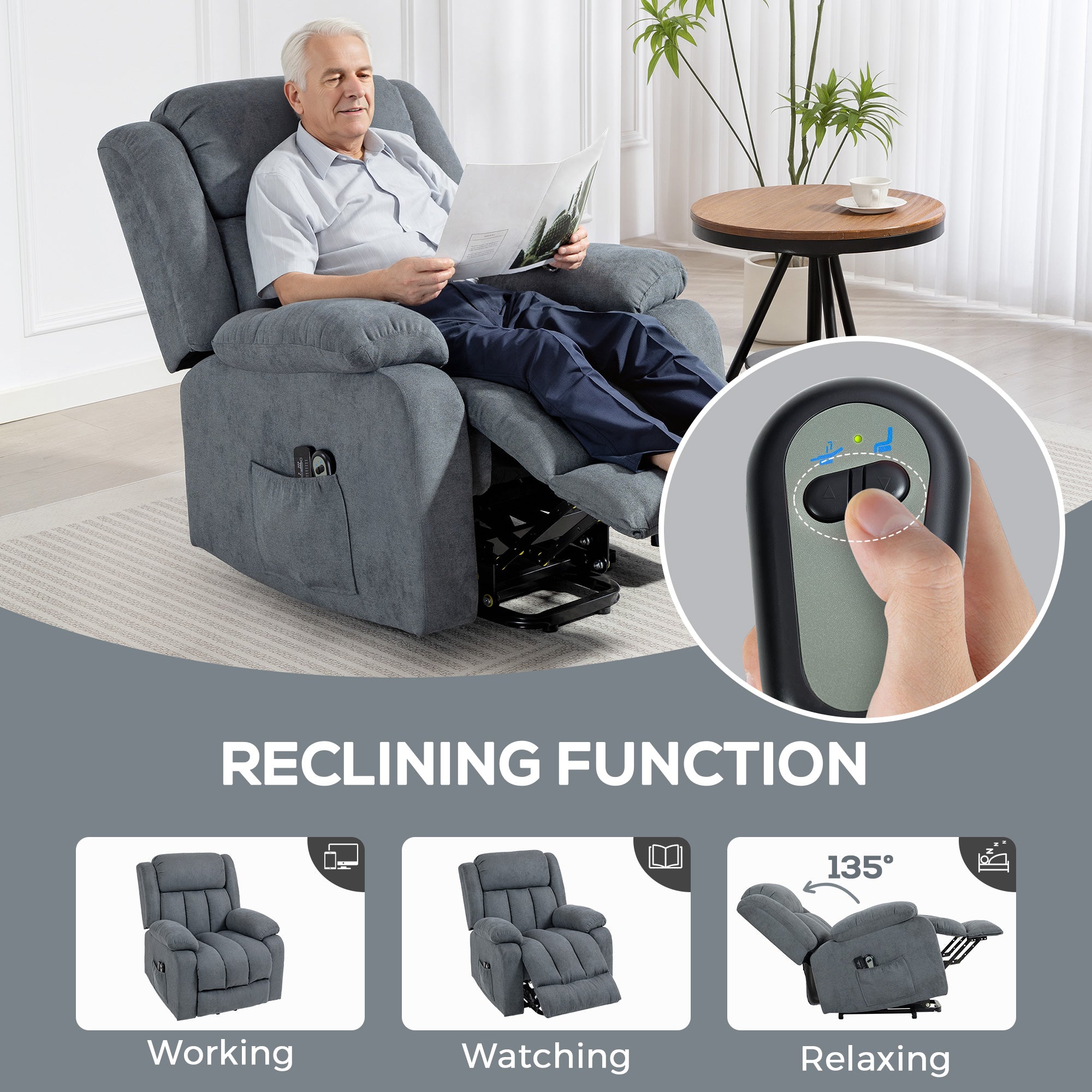 HOMCOM Power Lift Recliner Chair with Massage, Overstuffed Lift Chair for Elderly with Footrest, Remote and Side Pocket, Grey - anydaydirect