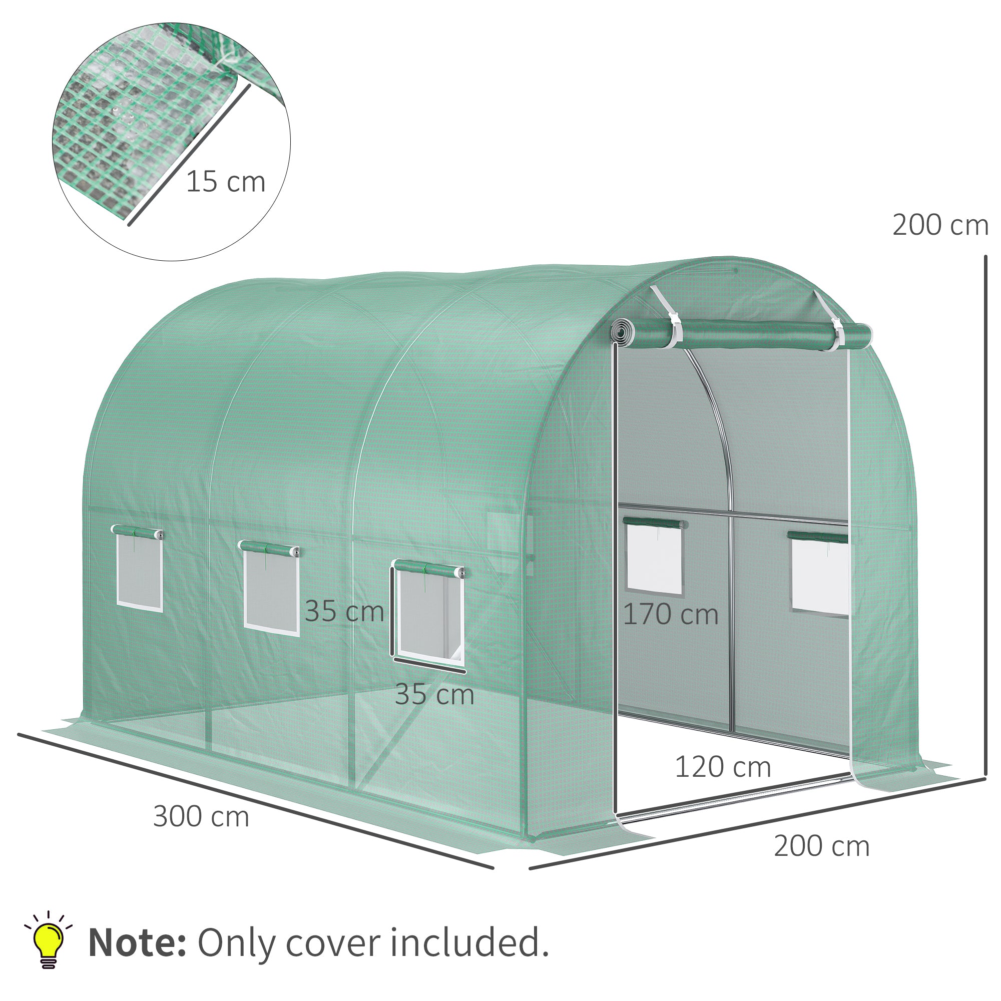 Outsunny 3 x 2 x 2m Greenhouse Replacement Cover ONLY Winter Garden Plant PE Cover for Tunnel Walk-in Greenhouse with Roll-up Windows Door Outdoor, Green - anydaydirect