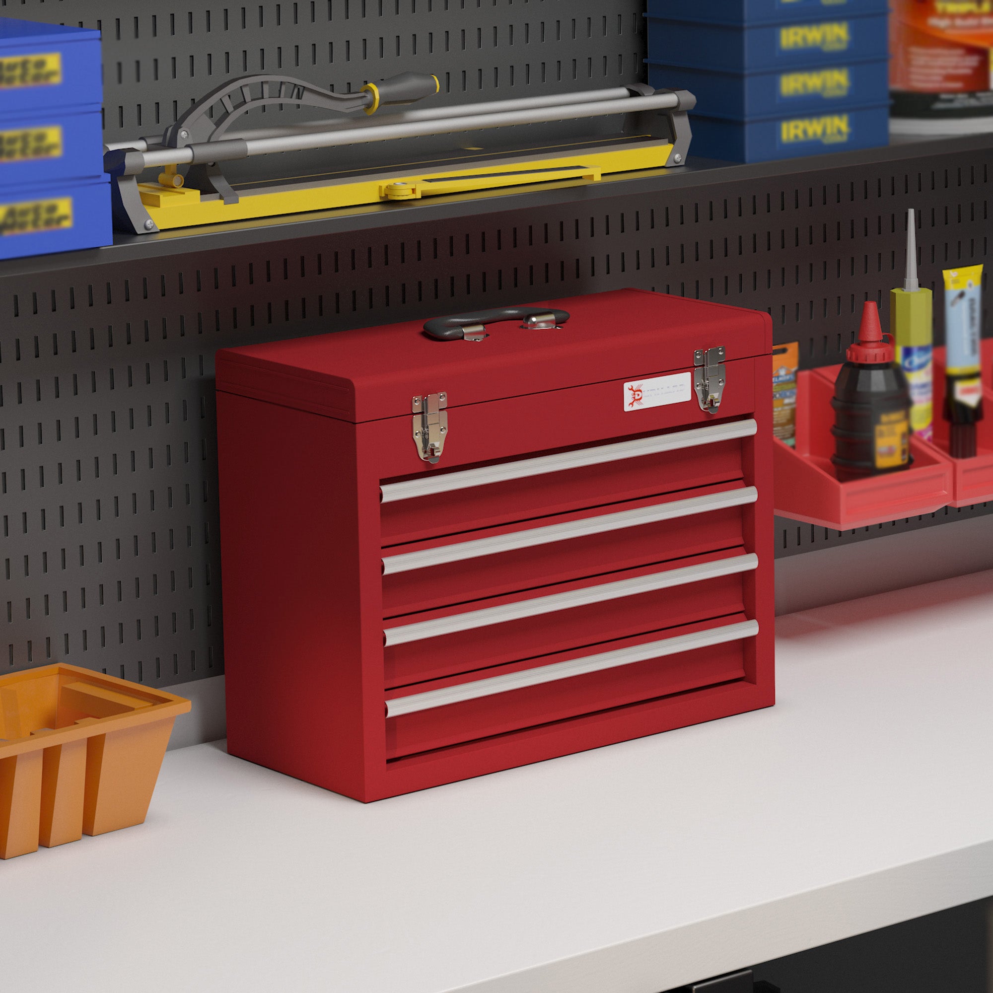DURHAND Lockable Metal Tool Box, 4 Drawer Tool Chest with Latches, Handle, Ball Bearing Runners, Red - anydaydirect