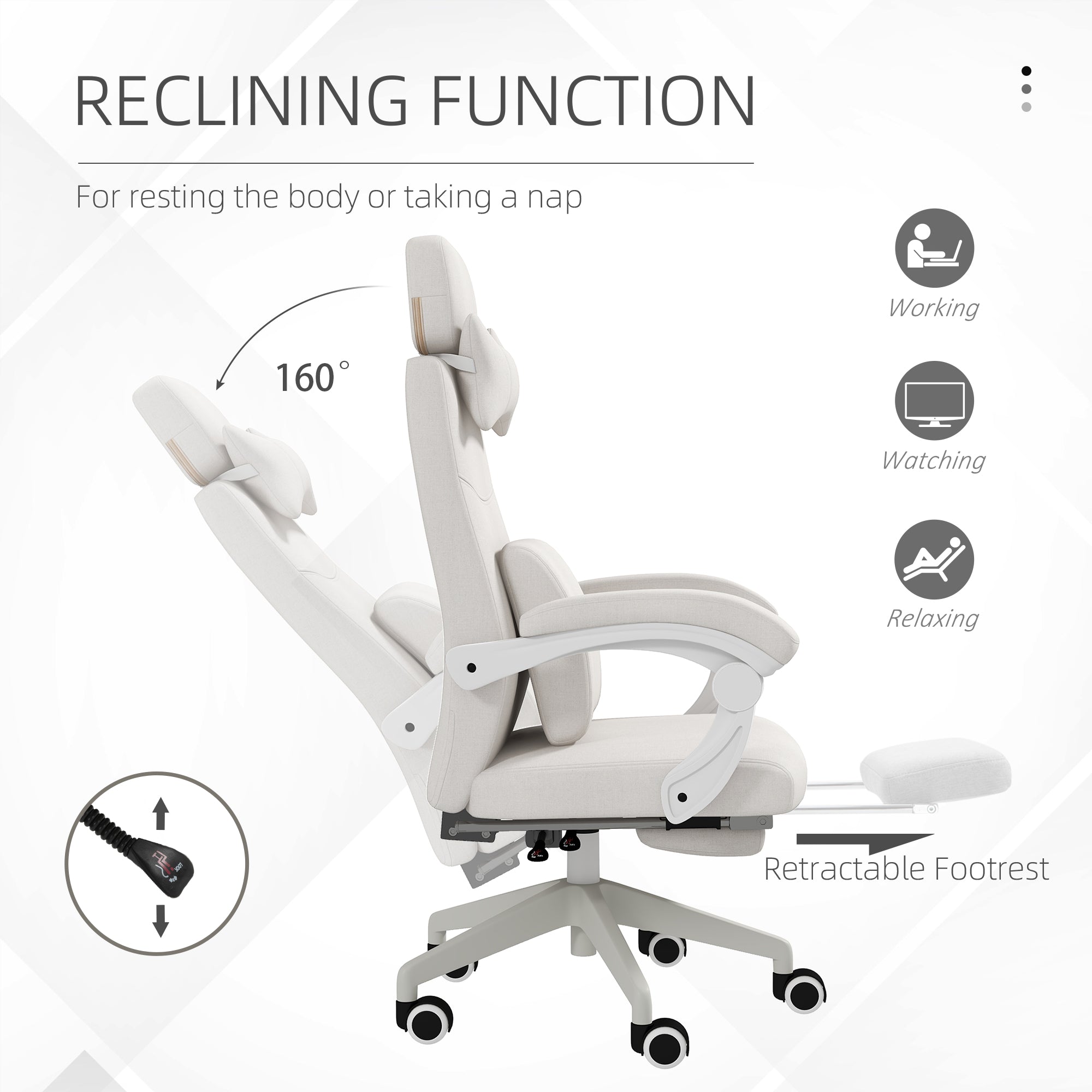 Vinsetto Linen-Look Office Chair, with 160° Reclining Back and Footrest - White - anydaydirect