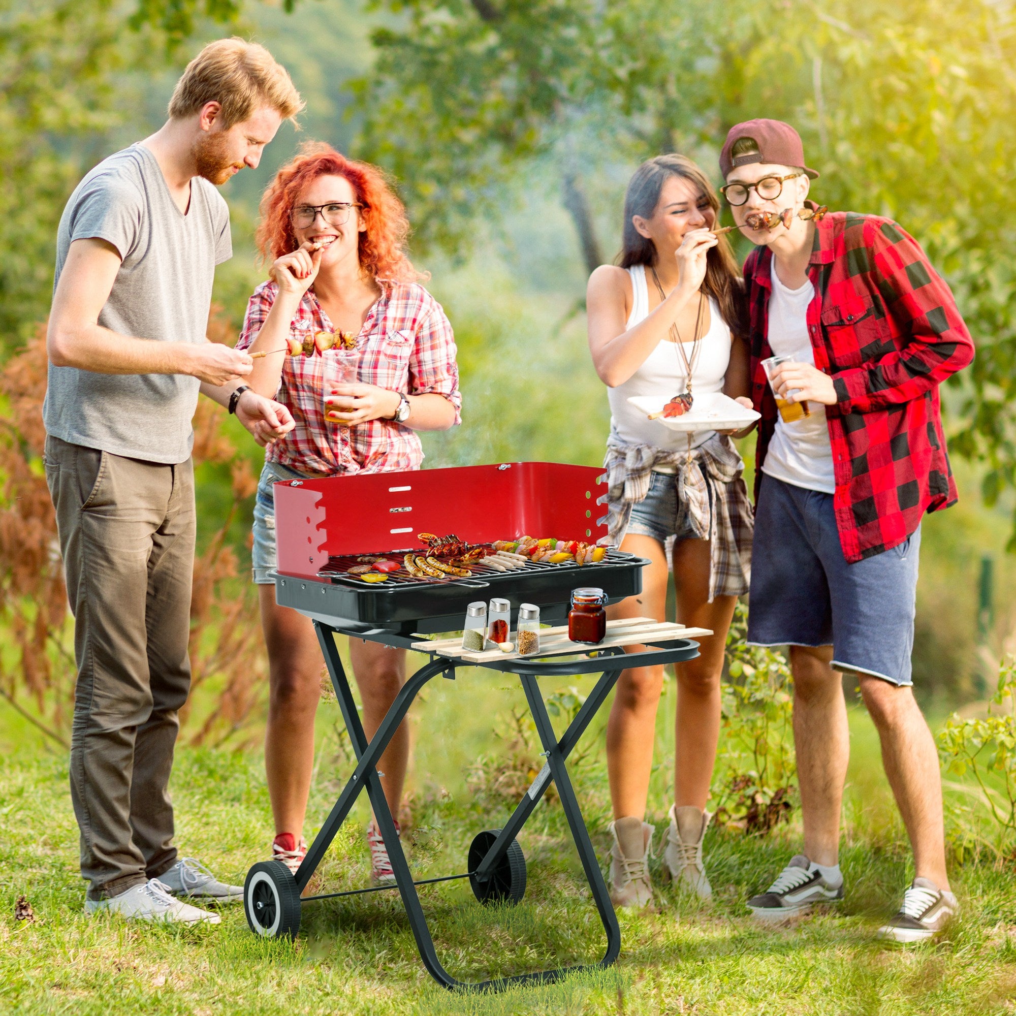 Outsunny Charcoal Trolley BBQ Barbecue Grill Patio Camping Picnic Garden Party Outdoor Cooking with Windshield, Wheels Side Trays, Black/Red - anydaydirect
